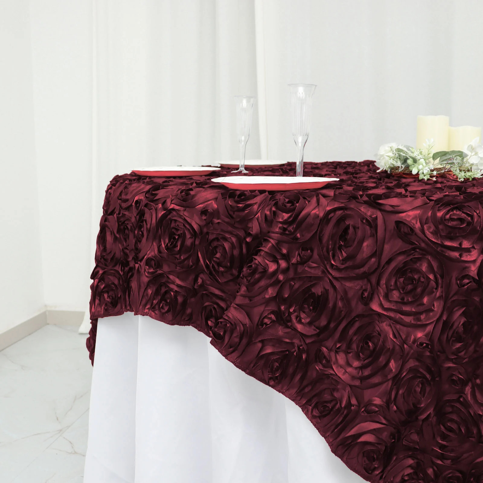 72 inches Raised Roses Square SATIN TABLE OVERLAYS Wedding Catering Event Dinner - Picture 33 of 105