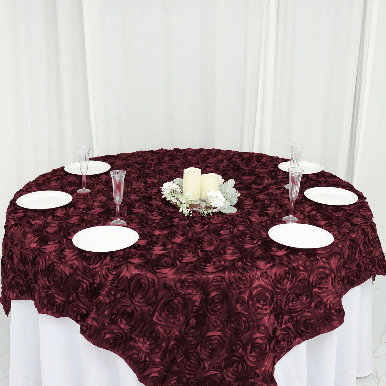 72 inches Raised Roses Square SATIN TABLE OVERLAYS Wedding Catering Event Dinner - Picture 35 of 105