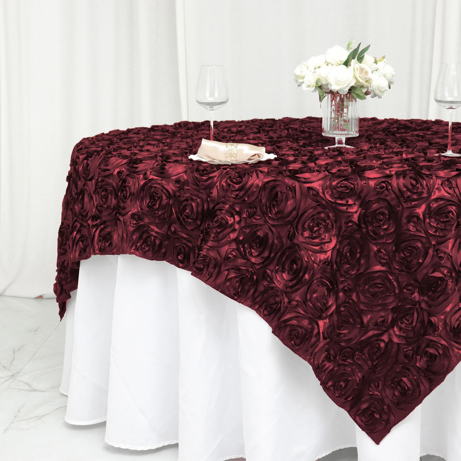 72 inches Raised Roses Square SATIN TABLE OVERLAYS Wedding Catering Event Dinner - Picture 28 of 105
