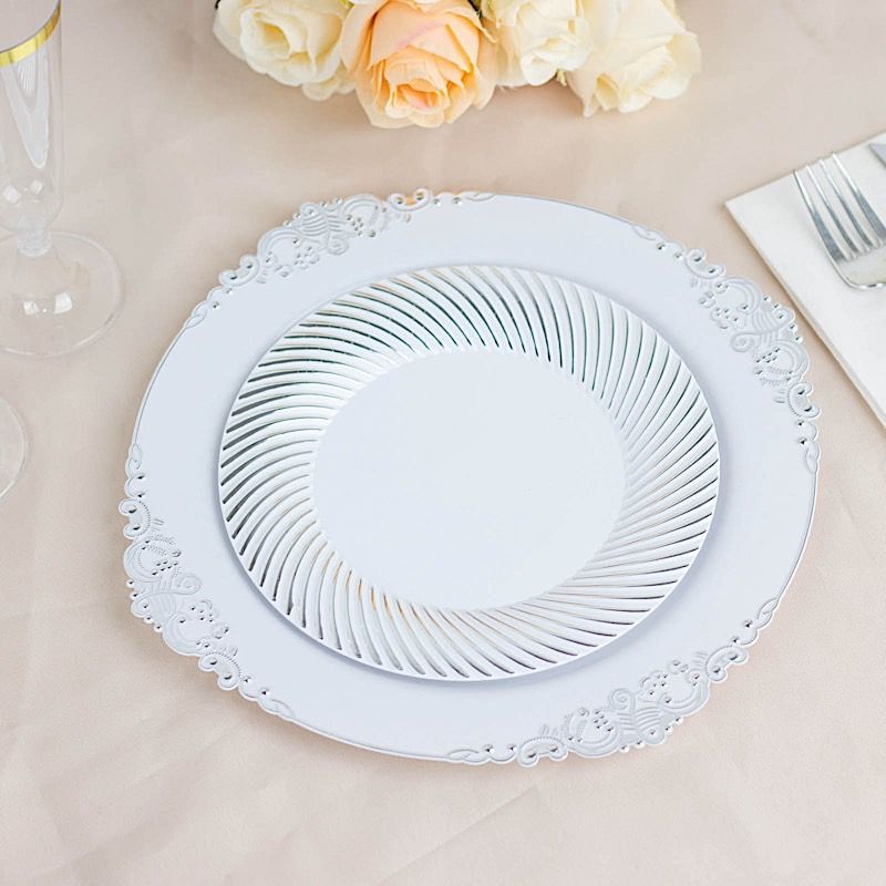 10 Round 9 in Disposable Dinner Plastic PLATES Swirl Design Trim Party Events - Picture 18 of 25