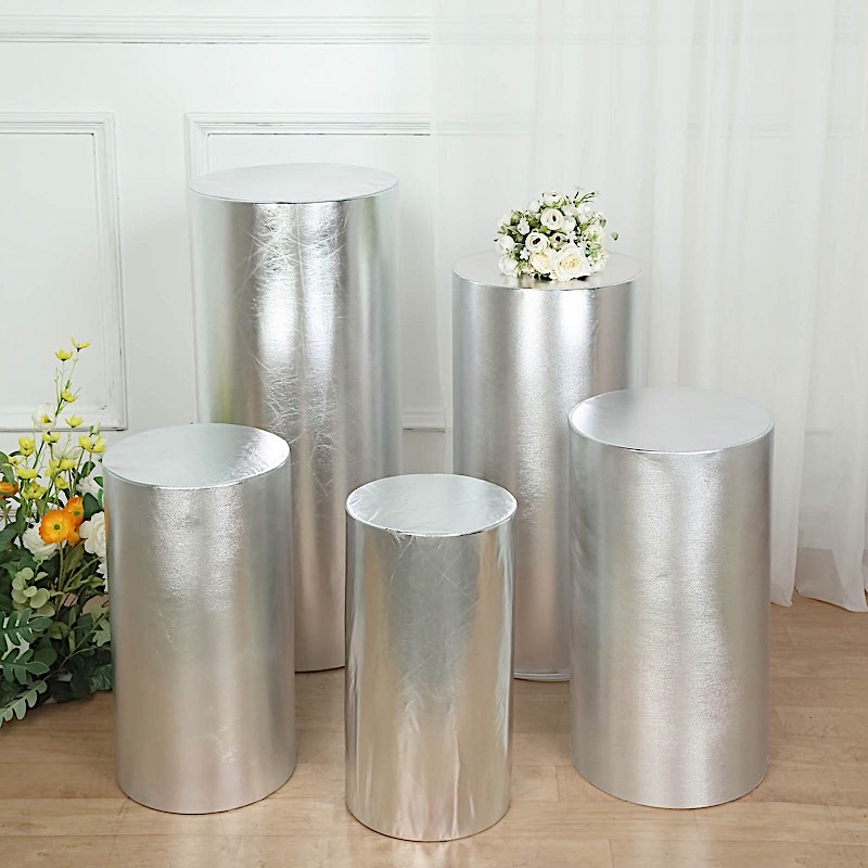 5 Fitted Metallic Spandex Cylinder Display Stand Covers Set Party Decorations - Picture 20 of 25