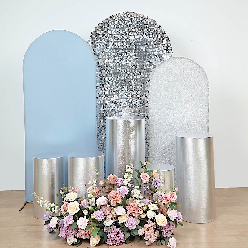 5 Fitted Metallic Spandex Cylinder Display Stand Covers Set Party Decorations - Picture 22 of 25