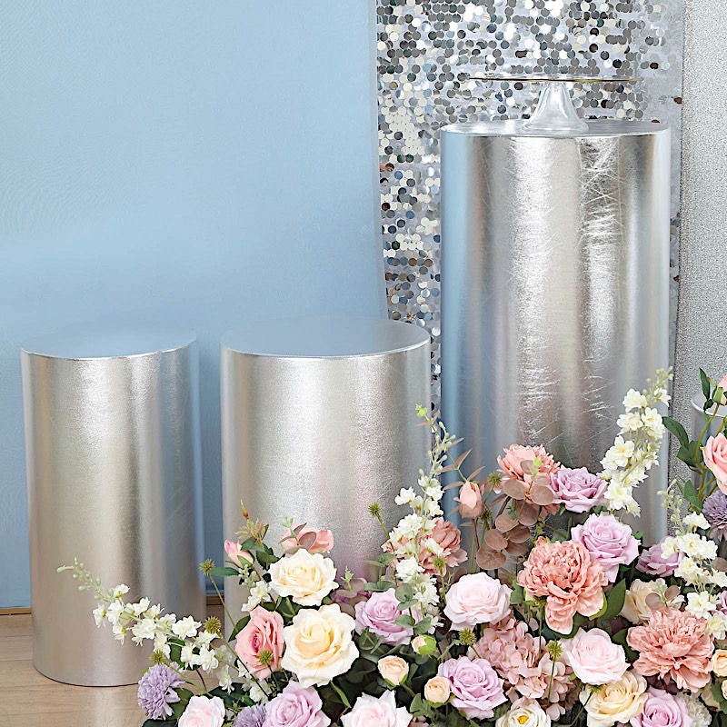 5 Fitted Metallic Spandex Cylinder Display Stand Covers Set Party Decorations - Picture 23 of 25