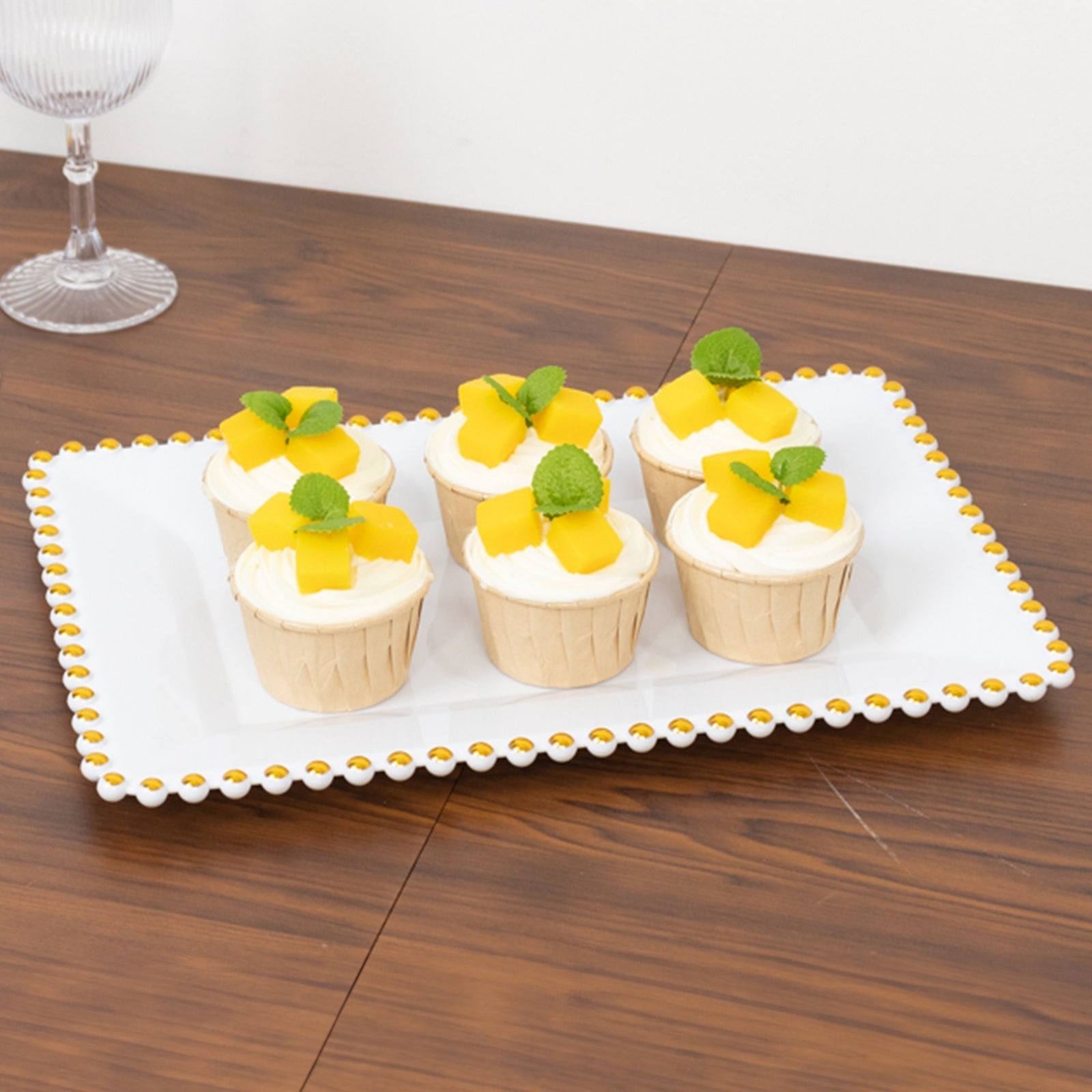 6 Rectangular Acrylic Serving Trays with Gold Beaded Rim Disposable Wedding
