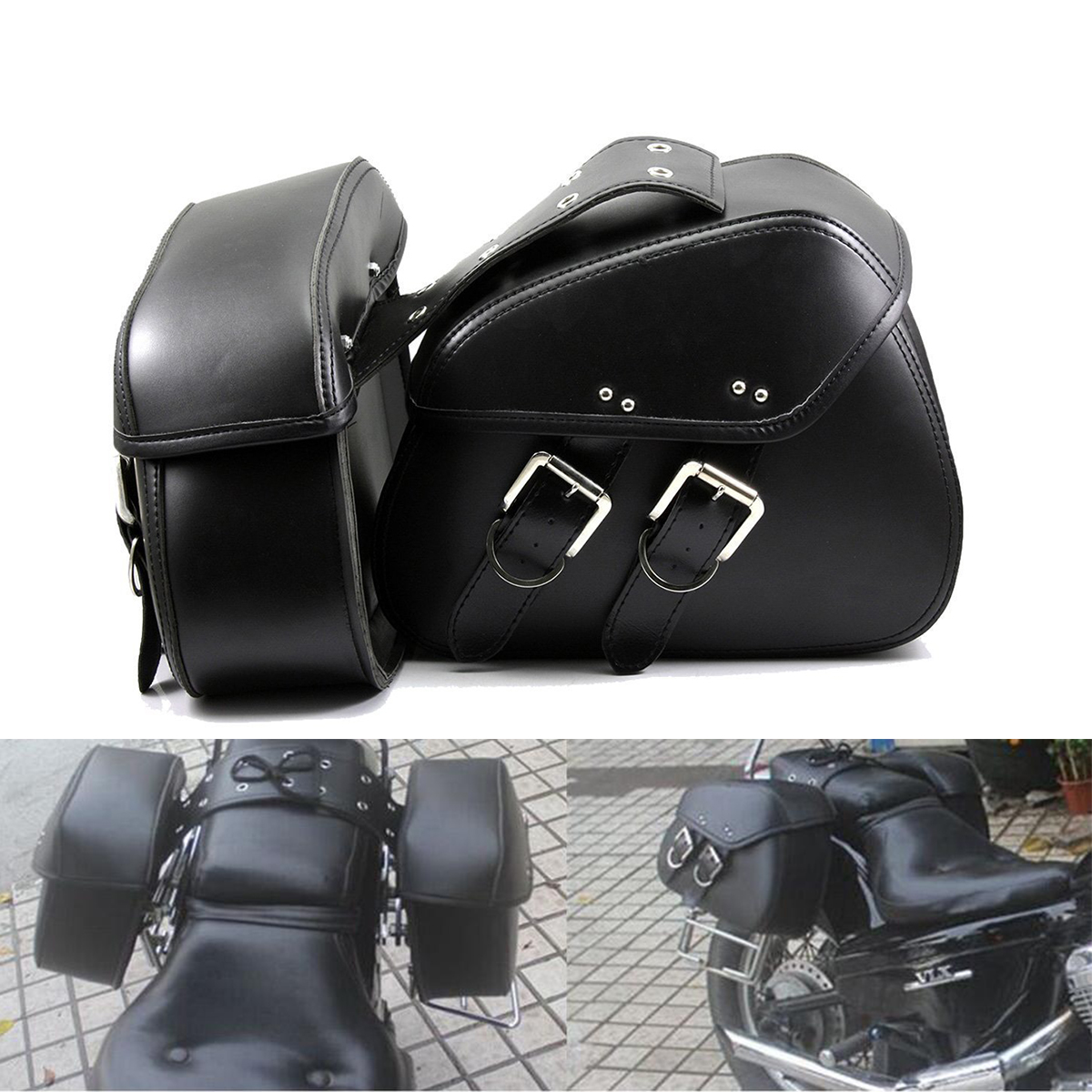 2X Motorcycle Leather Side Saddle Bag For Harley Sportster Cruiser Bobber Black eBay