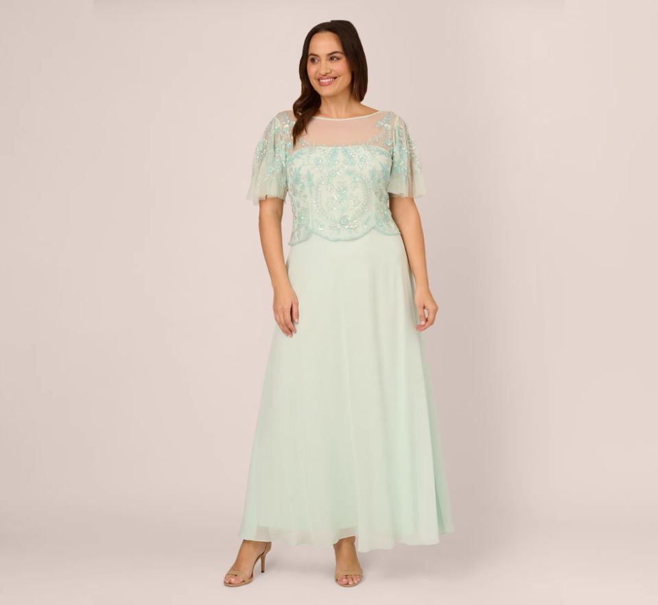 Adrianna Papell Beaded Illusion Long Gown, Flutter Sleeves, Mint Glass, 6 |  eBay