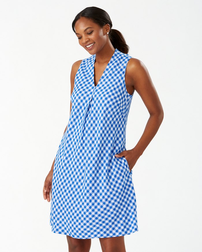 Tommy Bahama Bonita Check Linen-Blend Shift Dress, Turkish Sea, Small