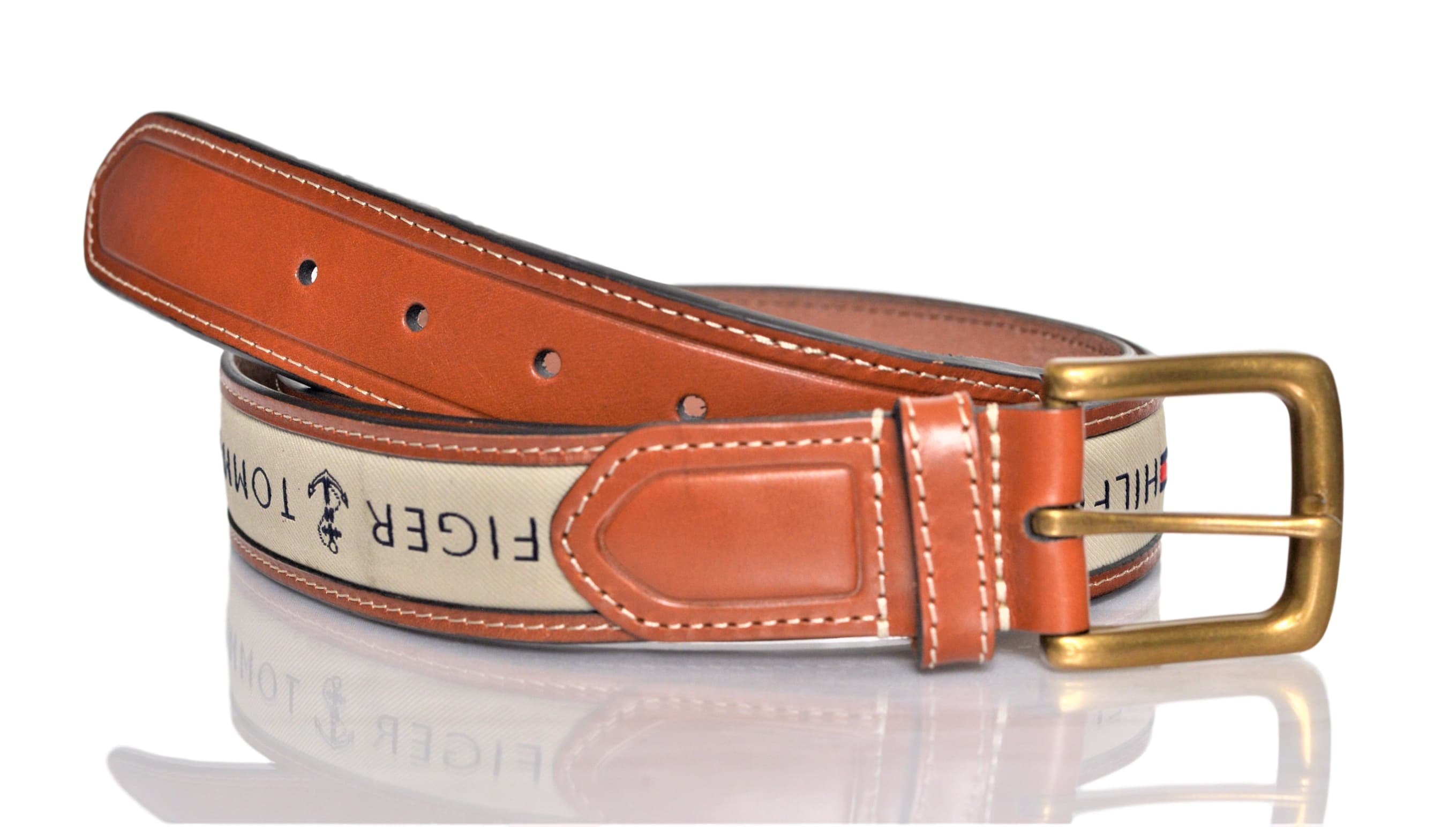 Tommy Hilfiger Men/'s Fashion Ribbon Inlay Red Leather Belt 11TL02X032