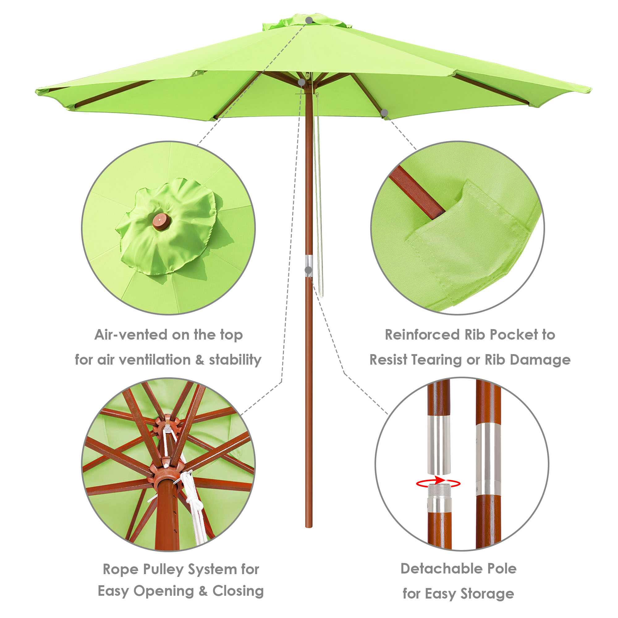9' Ft 8 Ribs Patio Wood Umbrella Wooden Pole Outdoor Sunshade Market Garden Yard - Picture 9 of 55