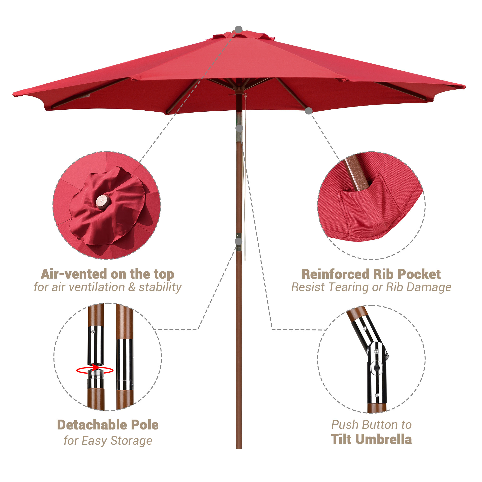 9ft Wooden Patio Umbrella 8 Ribs Garden Beach Pool Resort Tilt Parasol Sunshade - Picture 23 of 34