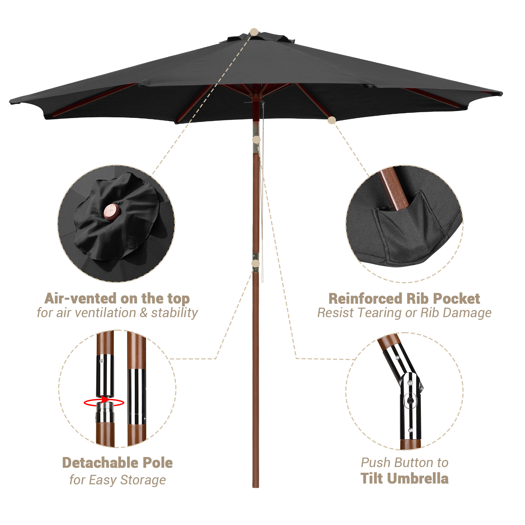 9ft Wooden Patio Umbrella 8 Ribs Garden Beach Pool Resort Tilt Parasol Sunshade - Picture 14 of 34