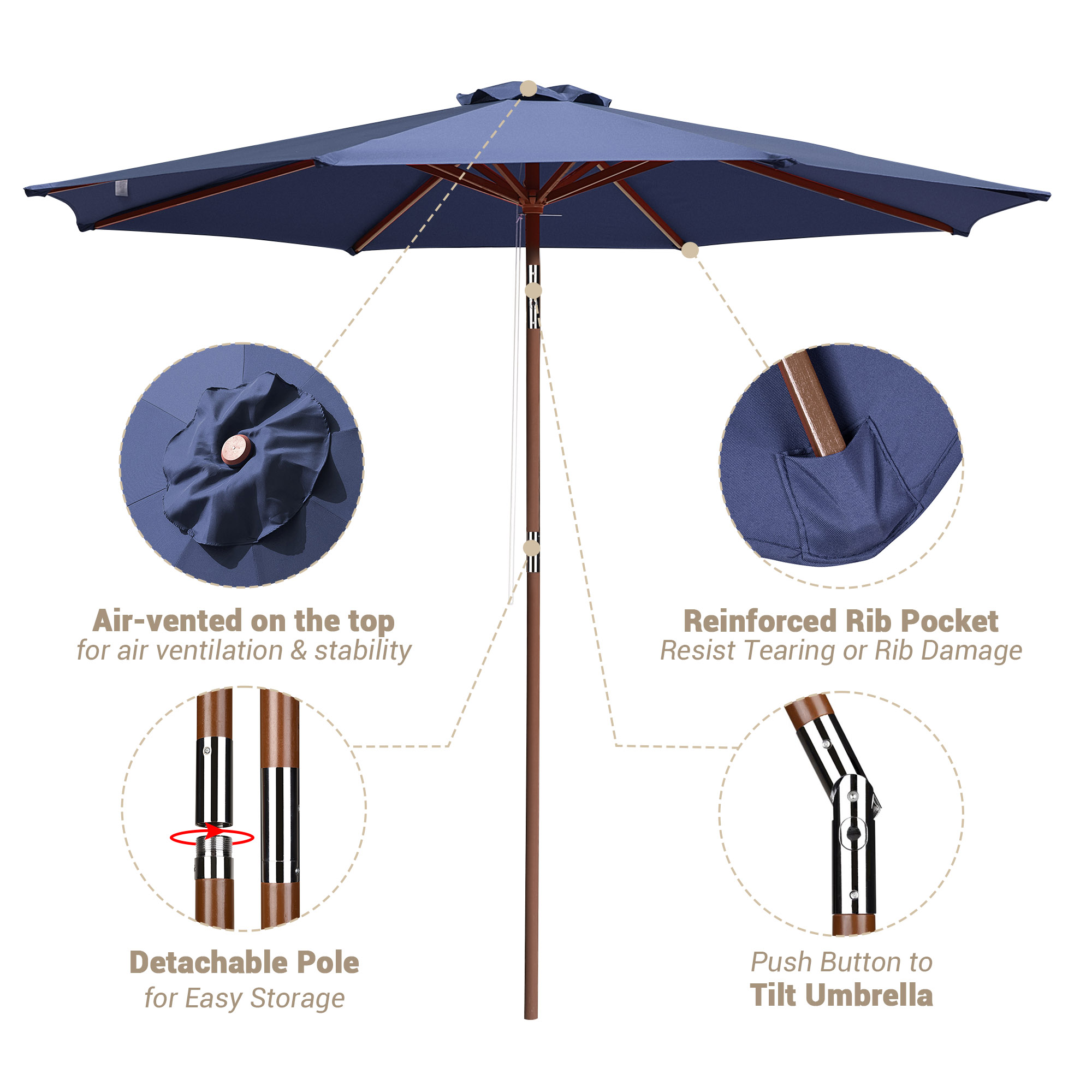 9ft Wooden Patio Umbrella 8 Ribs Garden Beach Pool Resort Tilt Parasol Sunshade - Picture 19 of 34