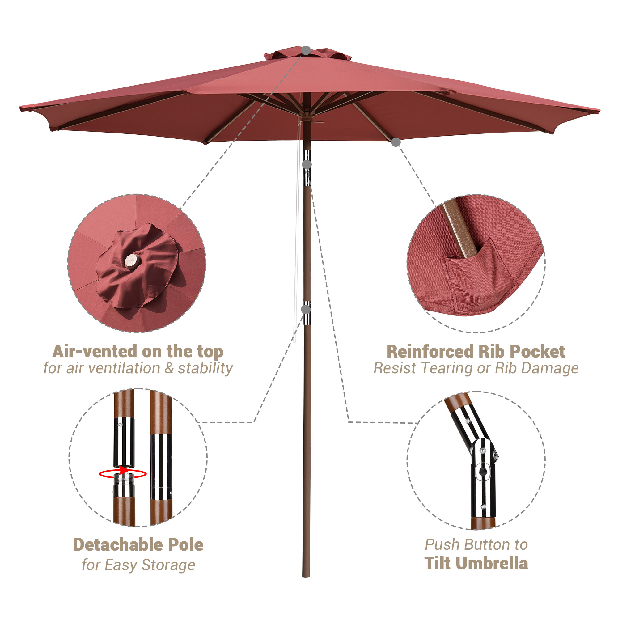 9ft Wooden Patio Umbrella 8 Ribs Garden Beach Pool Resort Tilt Parasol Sunshade - Picture 33 of 34