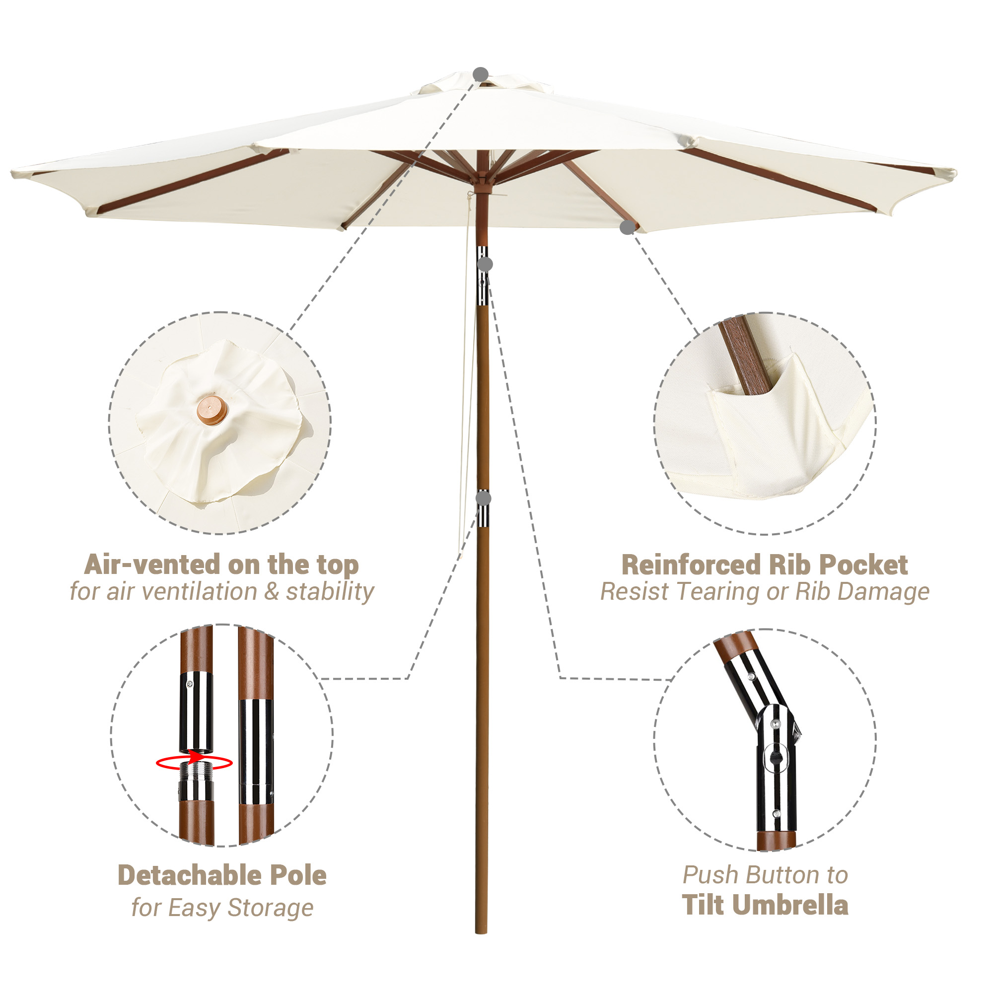 9ft Wooden Patio Umbrella 8 Ribs Garden Beach Pool Resort Tilt Parasol Sunshade - Picture 28 of 34