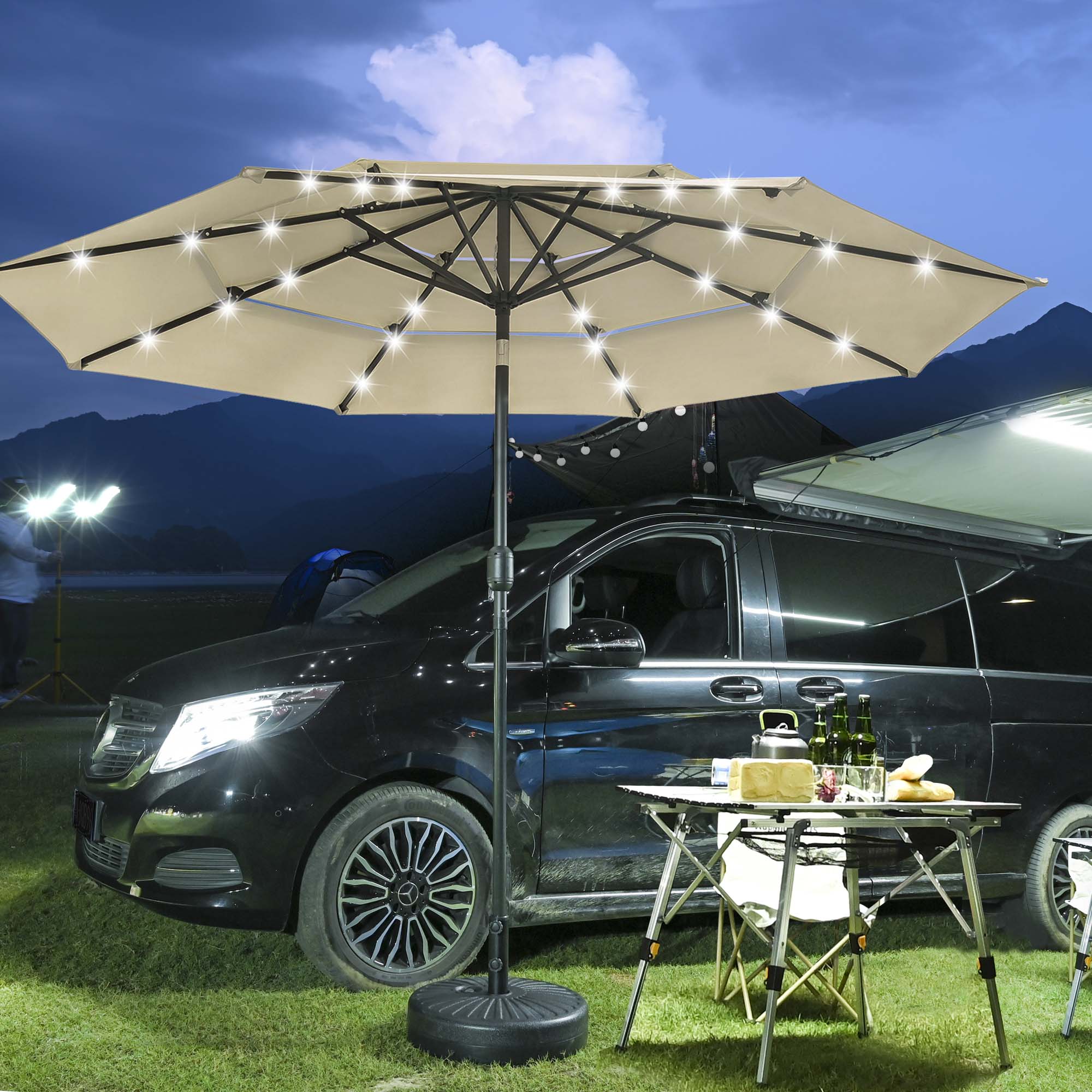 aluminum cantilever solar led offset patio umbrella PURPLE LEAF 10 ft. Square Aluminum Cantilever Solar Powered LED Offset 360  Rotation Umbrella with Base, Gray PPLXHSDT10GYWB