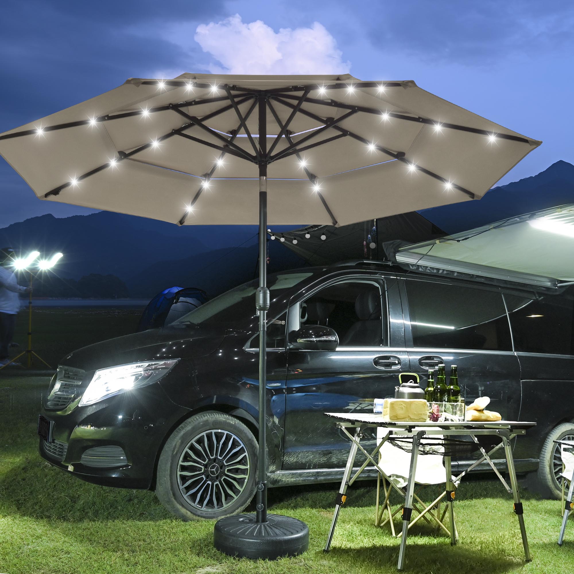 3-Tier 9 Ft Patio Umbrella with Solar Powered LED Crank Tilt Button Outdoor - Picture 19 of 31