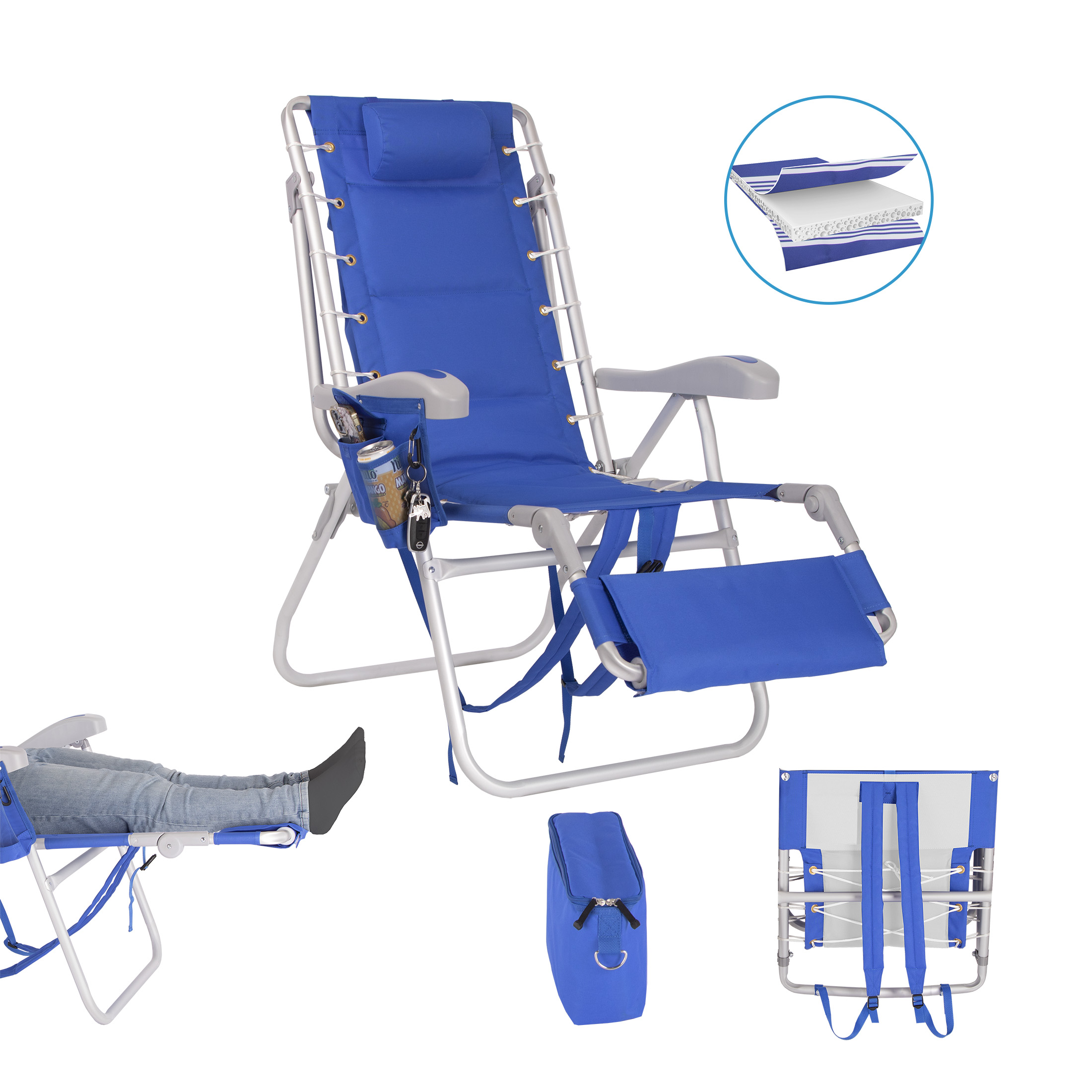 Ultimate Heavy Duty Padded Backpack Beach Chair w/ Cooler Footrest 300lb
