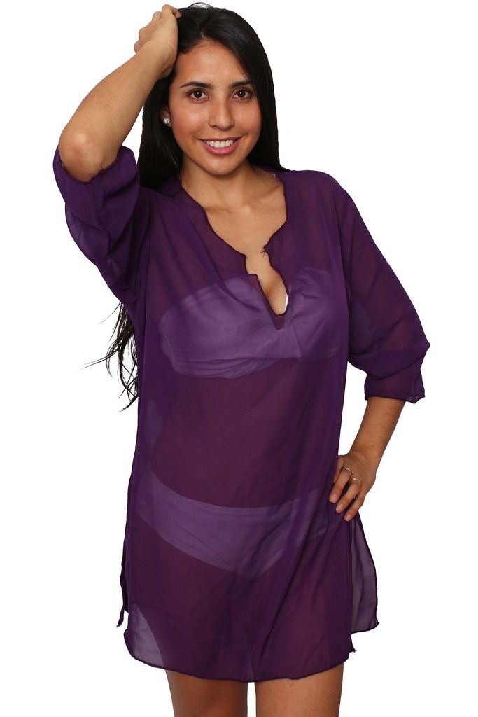 Women's Plus Size Chiffon Long Sleeve Tunic Beach Dress ...