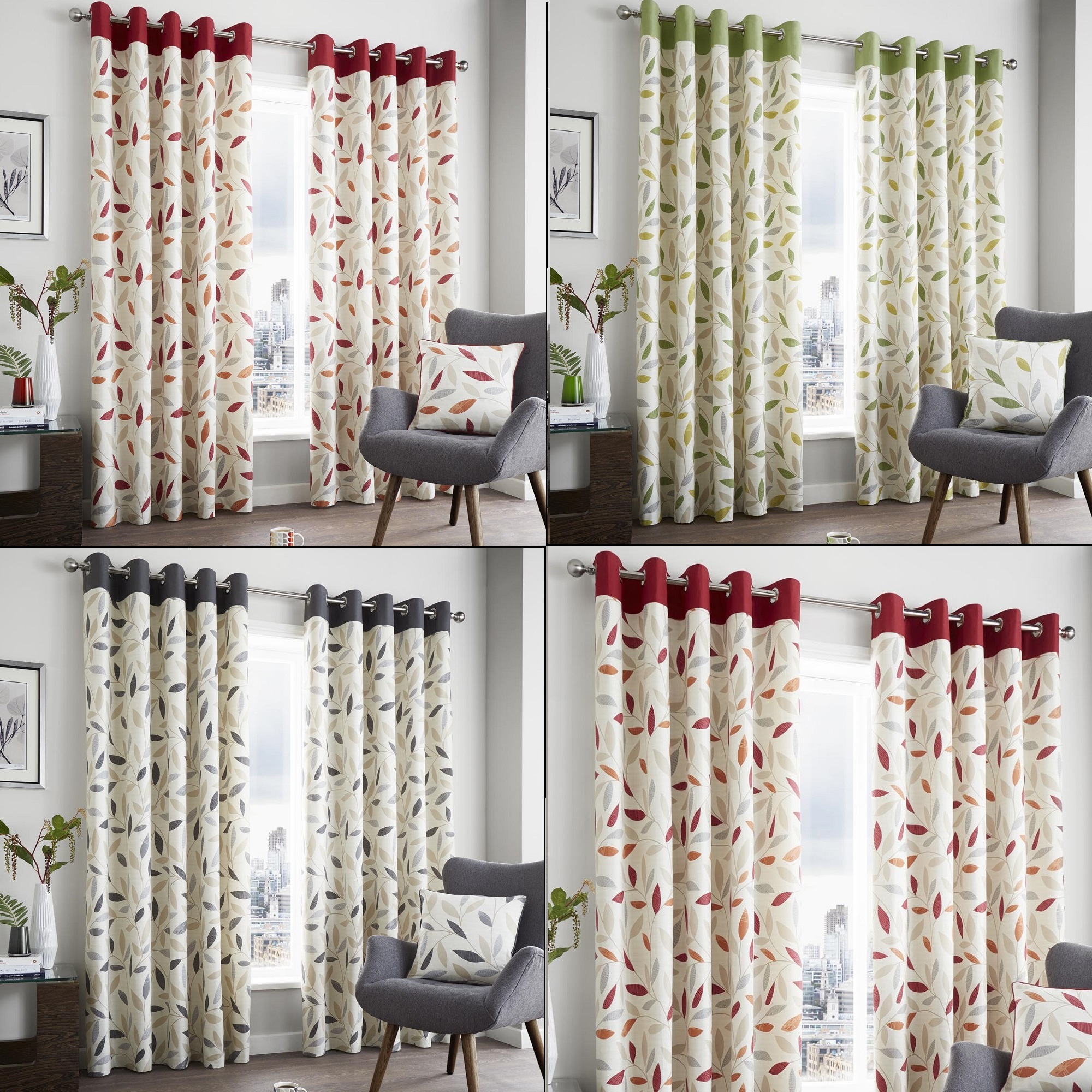 Beechwood Lined Curtain Panels With Leaf Print Grommet Top