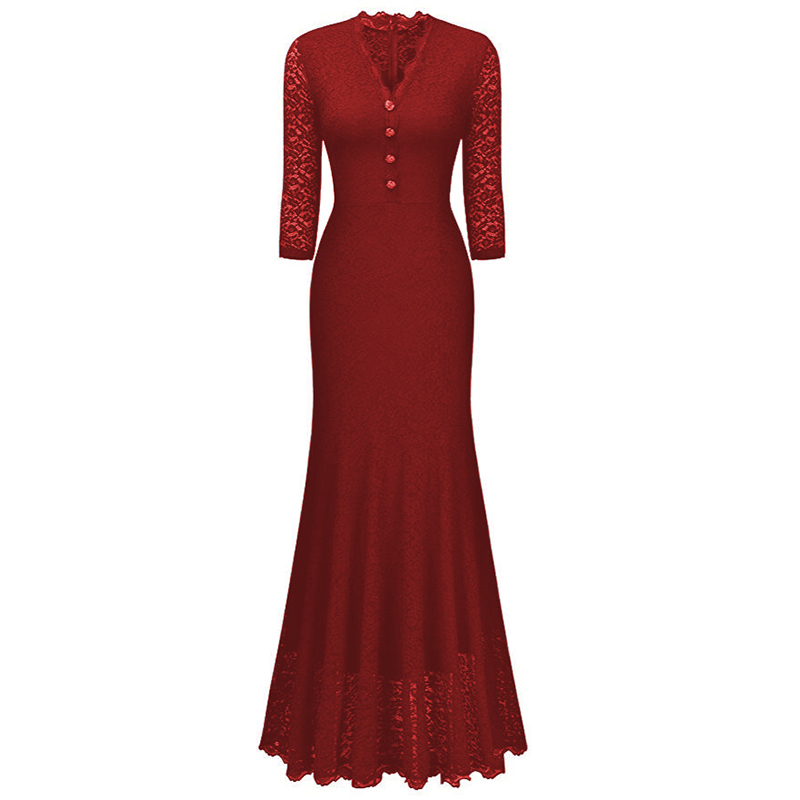 Women Long Formal Evening Party Maxi Wedding Gowns Cocktail Lace V Neck