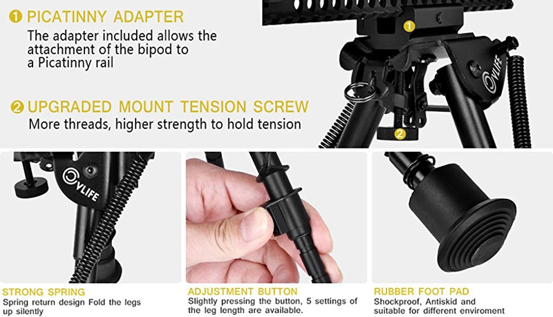 6-9 Inch Adjustable Harris-Style Rifle Bipod - Picatinny Mount, Sling Swivel | Metal Construction