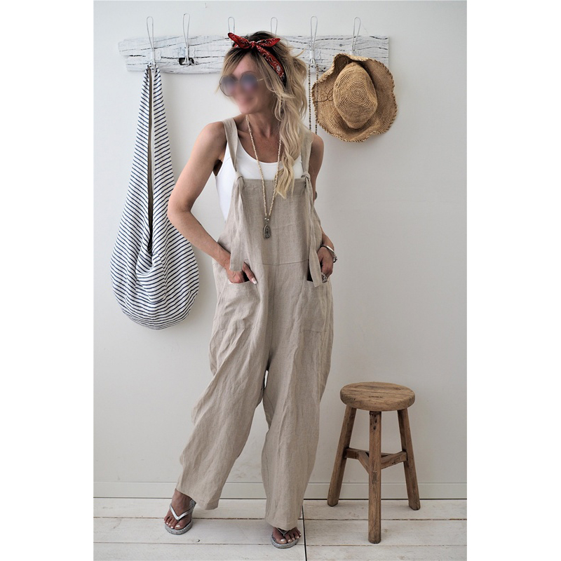 Women Loose Cotton Linen Jumpsuit Dungarees Playsuit Straps Overalls