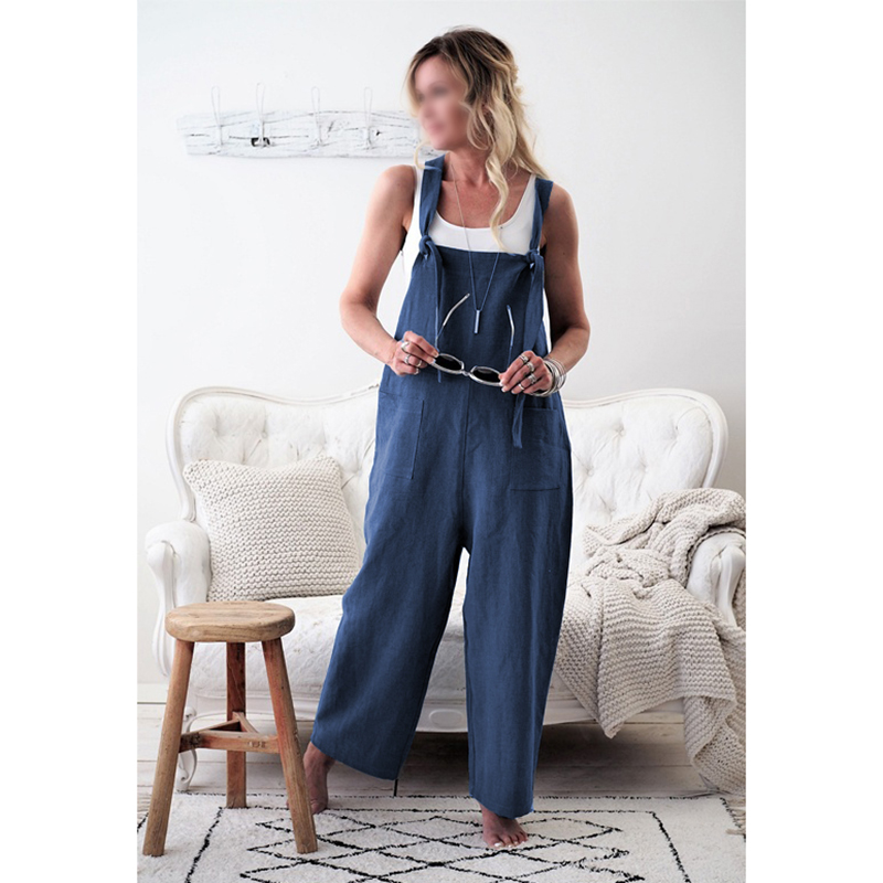 Women Loose Cotton Linen Jumpsuit Dungarees Playsuit Straps Overalls