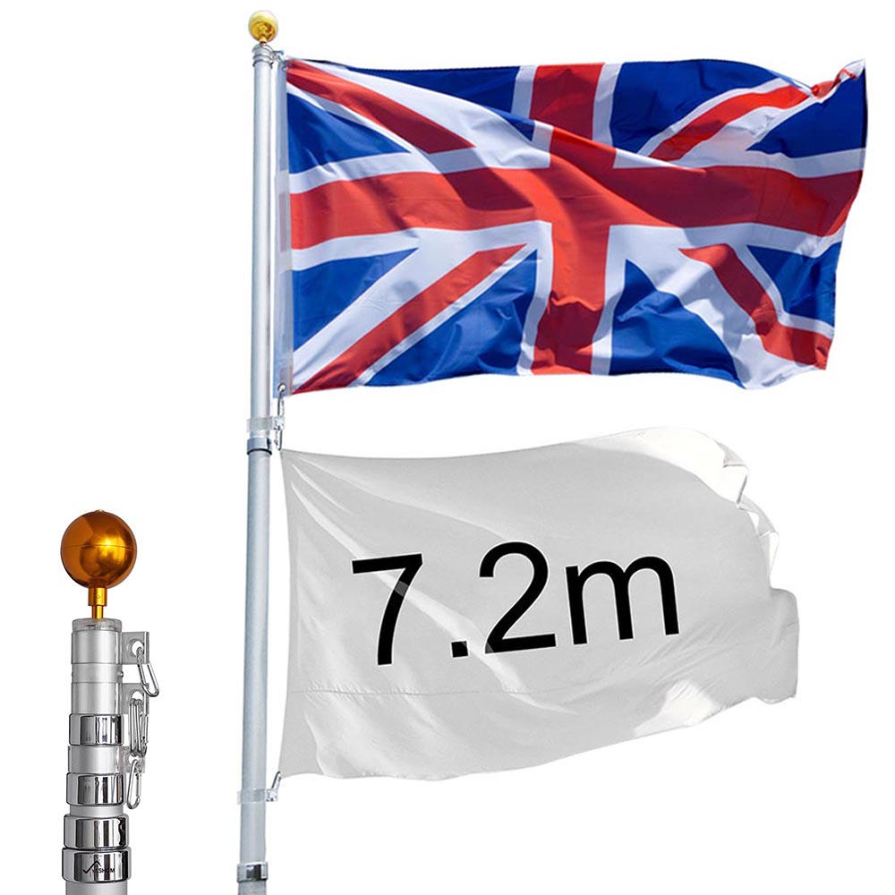 7.2m/25ft Aluminum Telescopic Flag Pole UK Flagpole Union Jack Gold