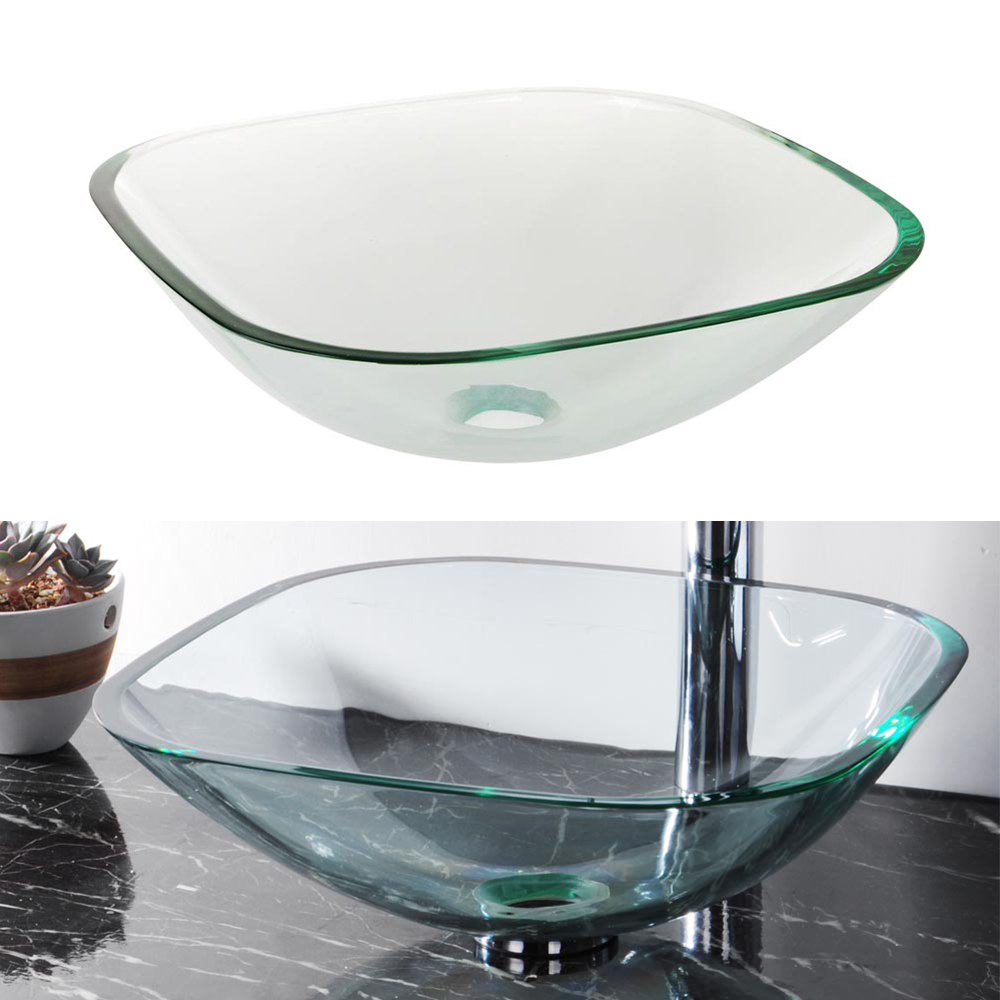 420mm Basin Sink Modern Square Tempered Glass Bowl Mounted Countertop