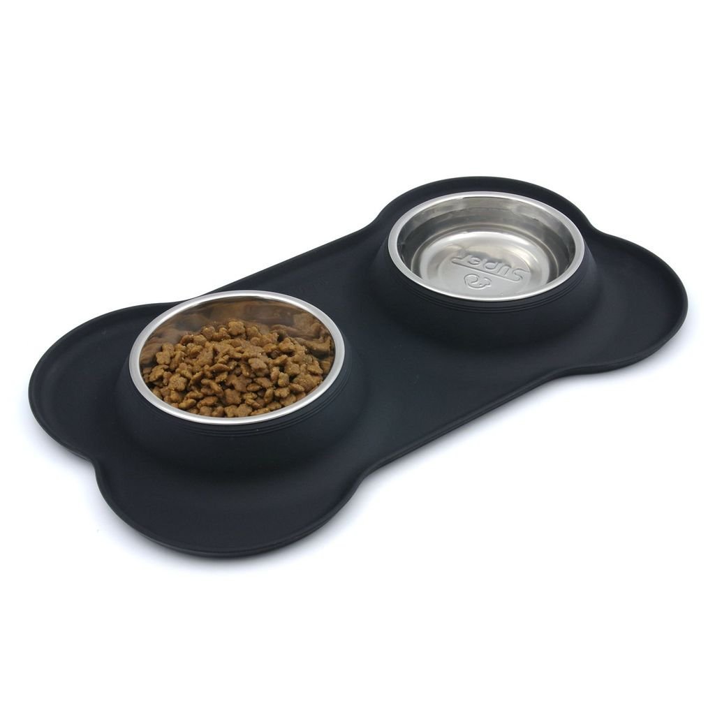 Stainless Steel Pet Dog Double Feeder Food Water Bowl No Spill Silicone