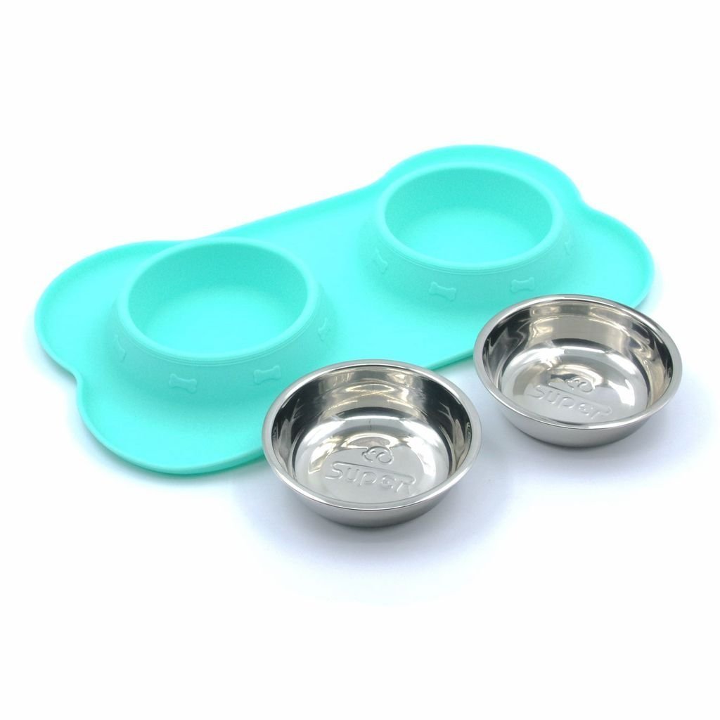 Stainless Steel Pet Dog Double Feeder Food Water Bowl No Spill Silicone