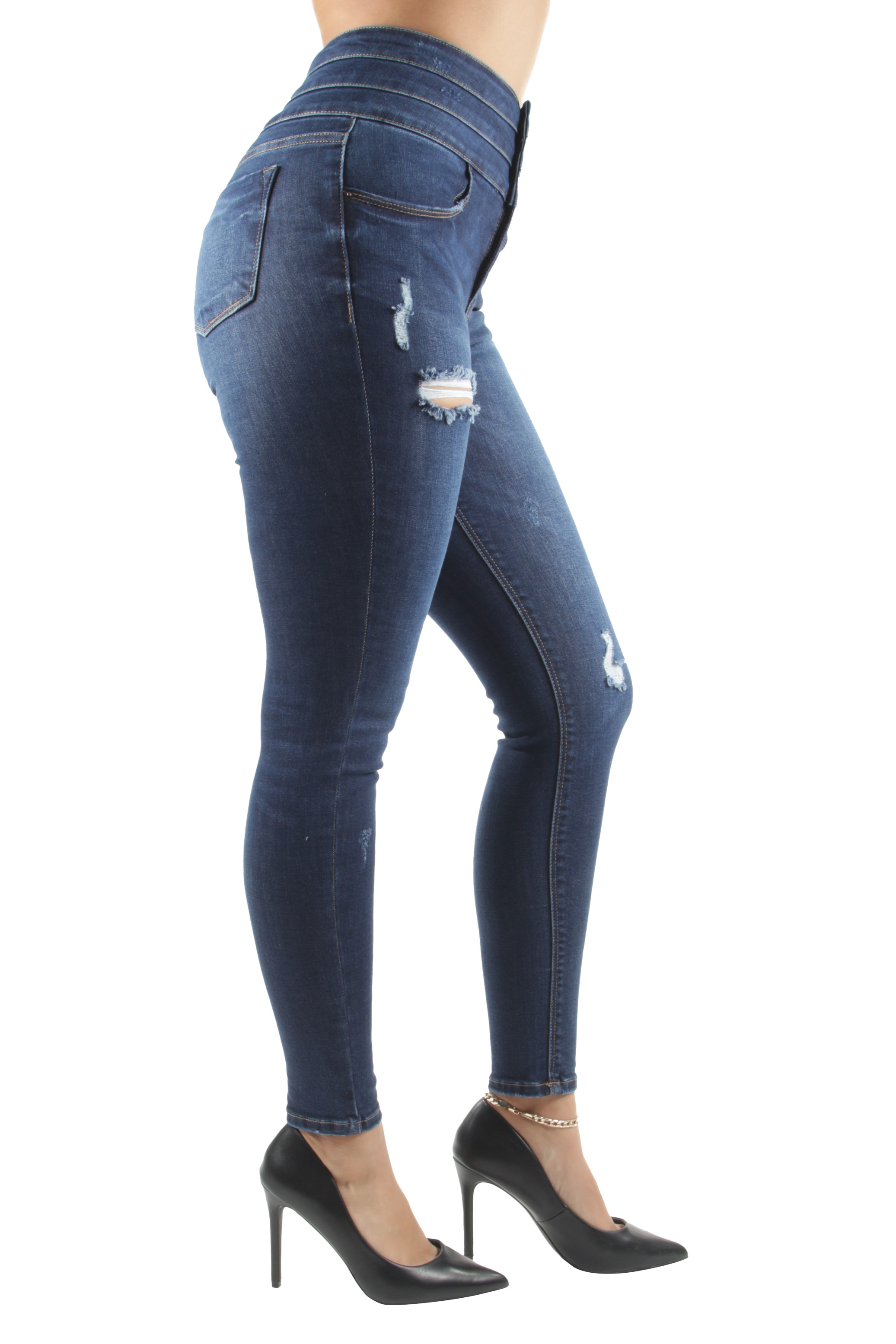 Women's Juniors Triple Stack High Waist Ripped Distressed Corset Skinny Jeans - Picture 12 of 32