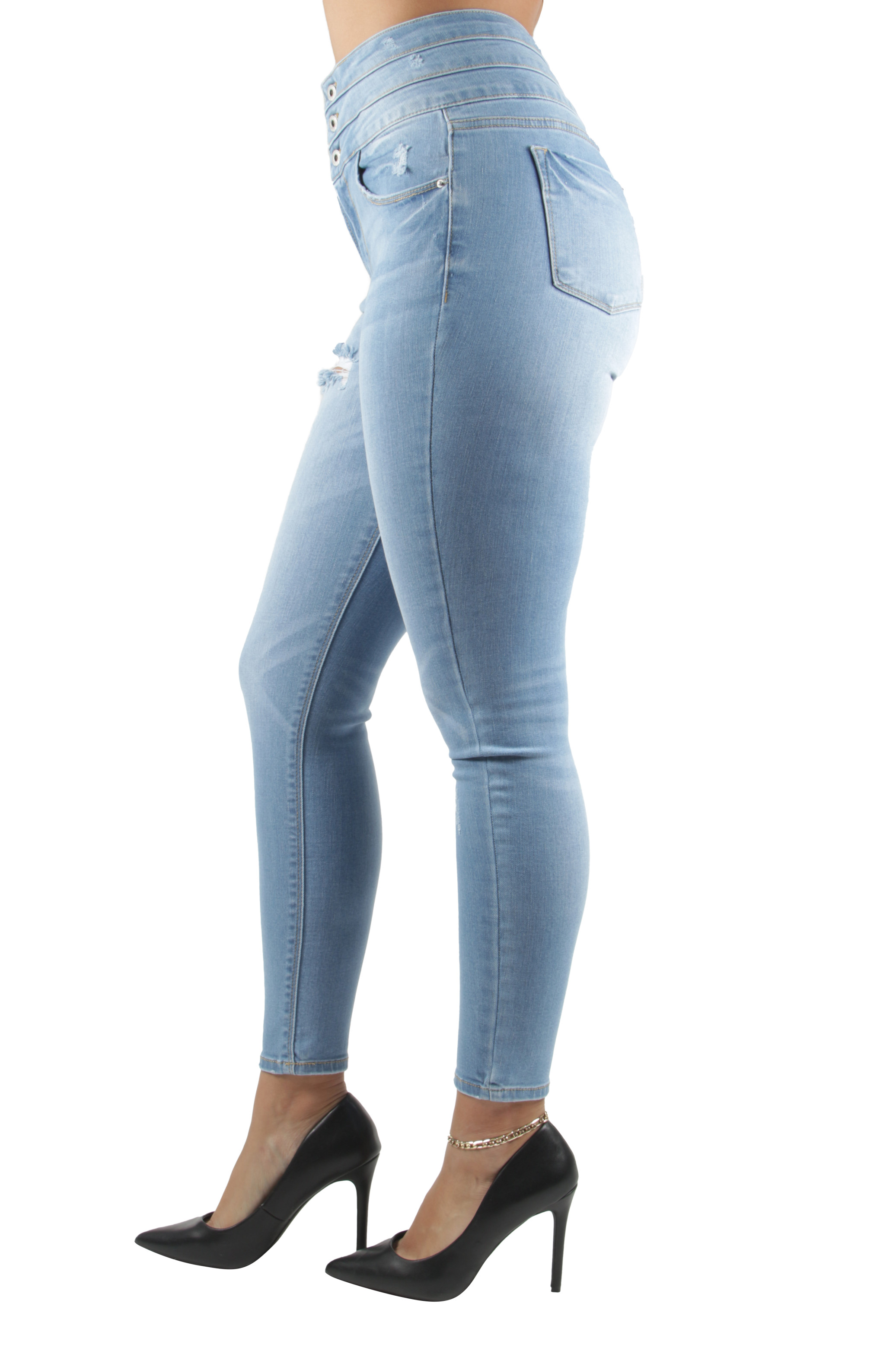 Women's Juniors Triple Stack High Waist Ripped Distressed Corset Skinny Jeans - Picture 19 of 32