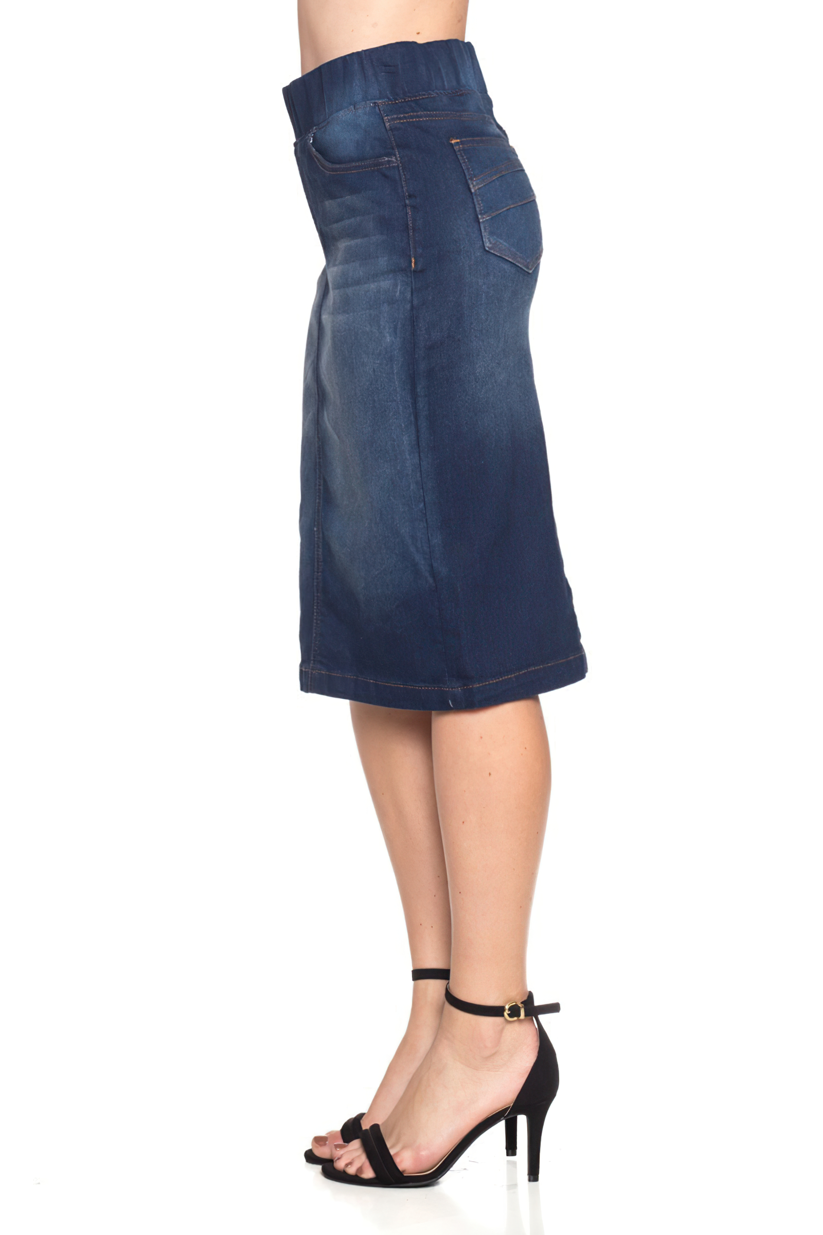 Women's Juniors/Plus Size High Waisted Shaping Pull-On Stretch Denim Mid Length
