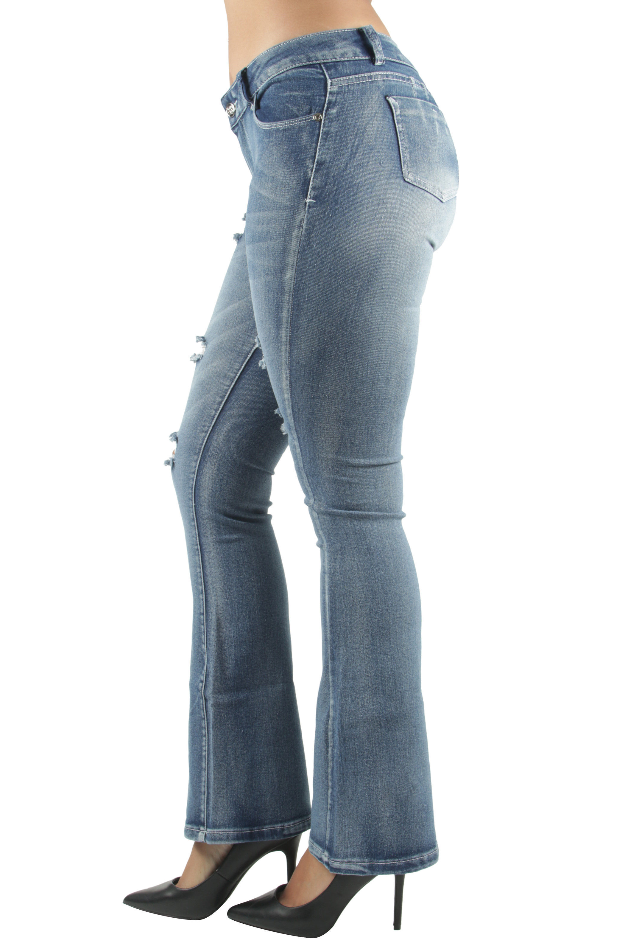 Womens Juniors \ Plus Size Butt Lift Push Up Destroyed Ripped Flare Jeans - Picture 8 of 18