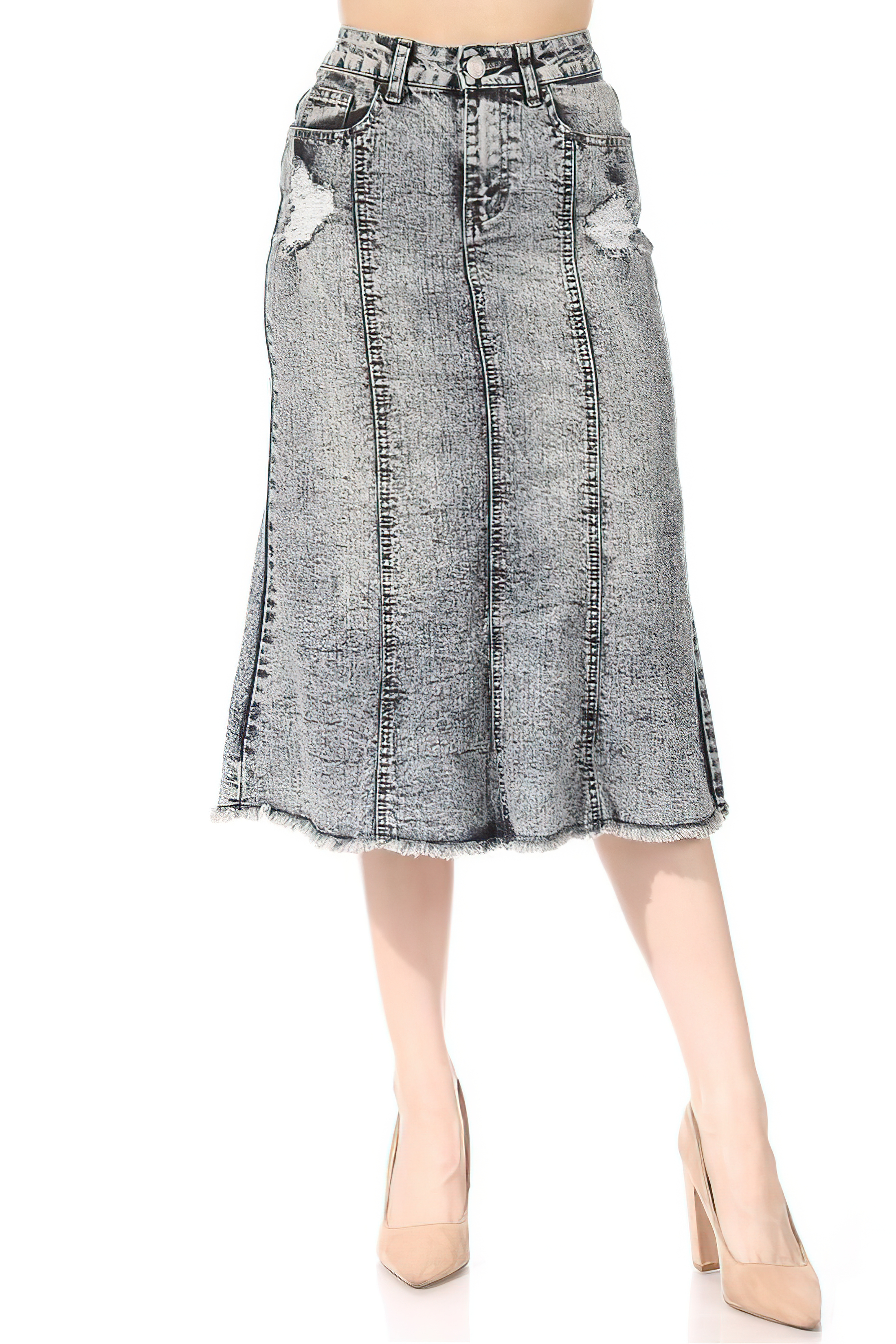 Women's Juniors/Plus Size Stretch Denim Distressed 5 Pockets A-Line Calf-Length