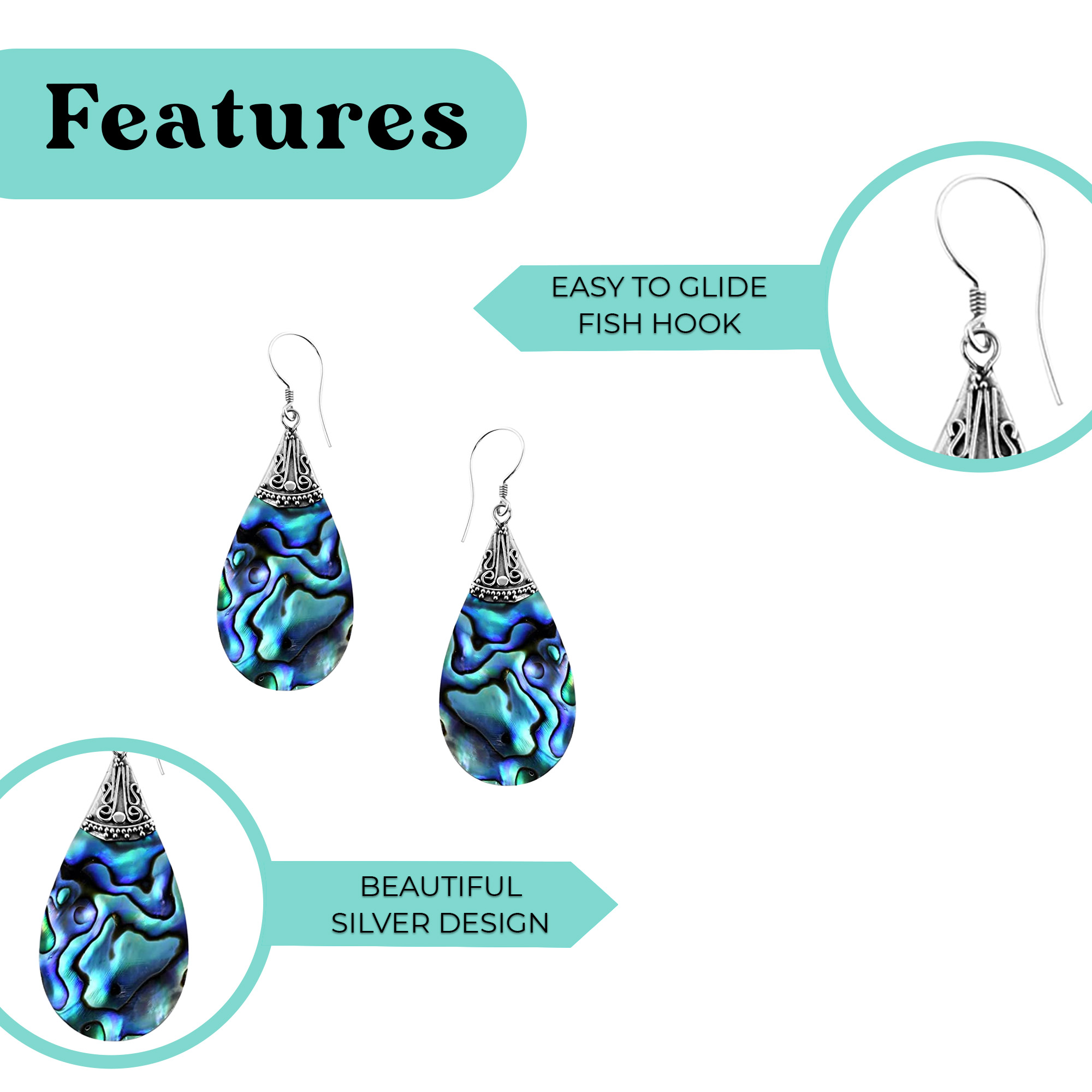 925 Sterling Silver Jewelry Natural Abalone Shell Drop Earrings for Women Unique - Picture 5 of 14