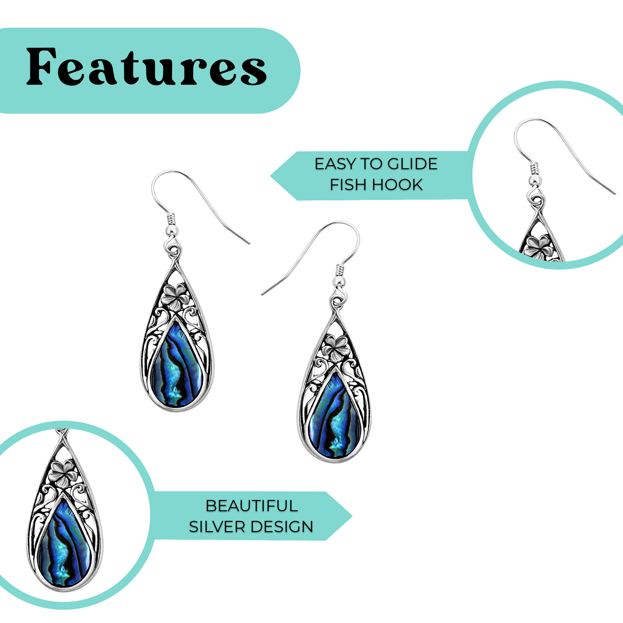 Abalone Shell Drop Dangle Earrings for Women 925 Sterling Silver Openwork - Picture 5 of 8