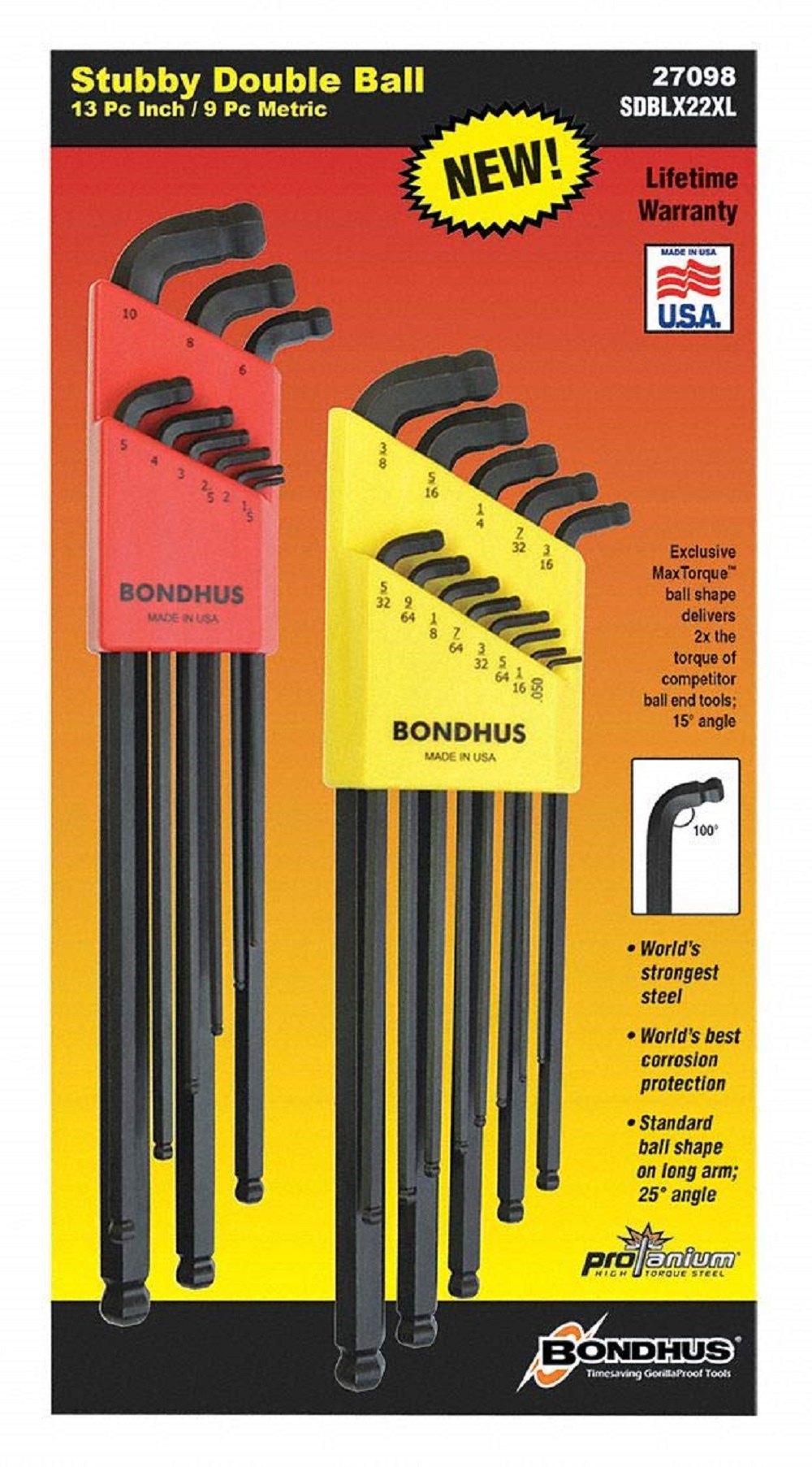 Bondhus 27098 Set of 22 Stubby Double Ball End LWrenches XL Double Pk