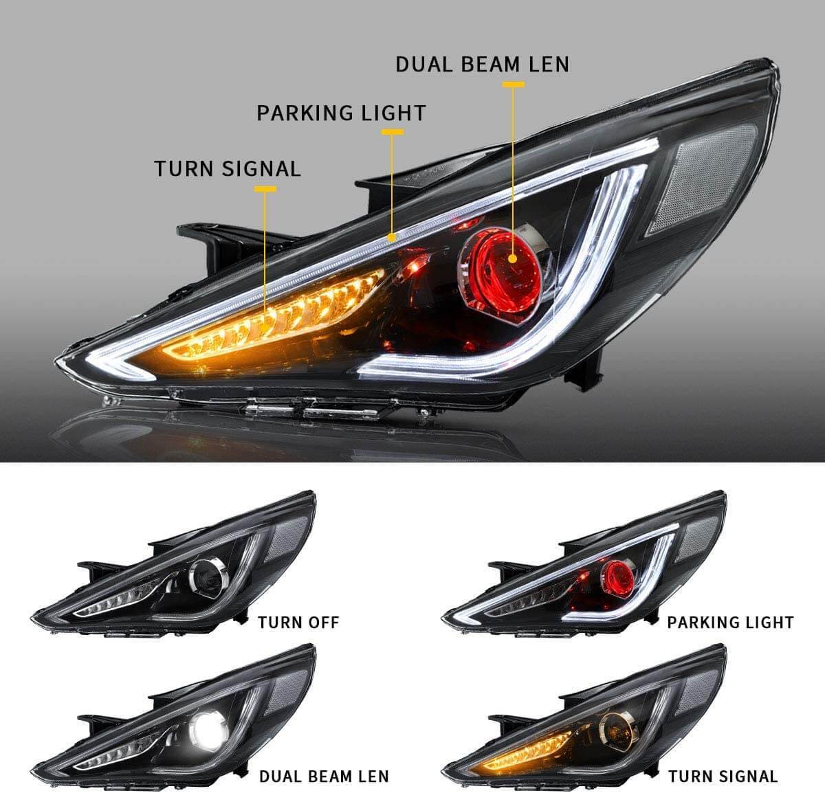 Audi For Hyundai Sonata Headlights Projector+LED DRL Sequential Signal