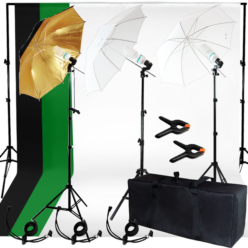 Photo Studio Photography Kit 3 Light Bulb Umbrella Muslin 3 Backdrop