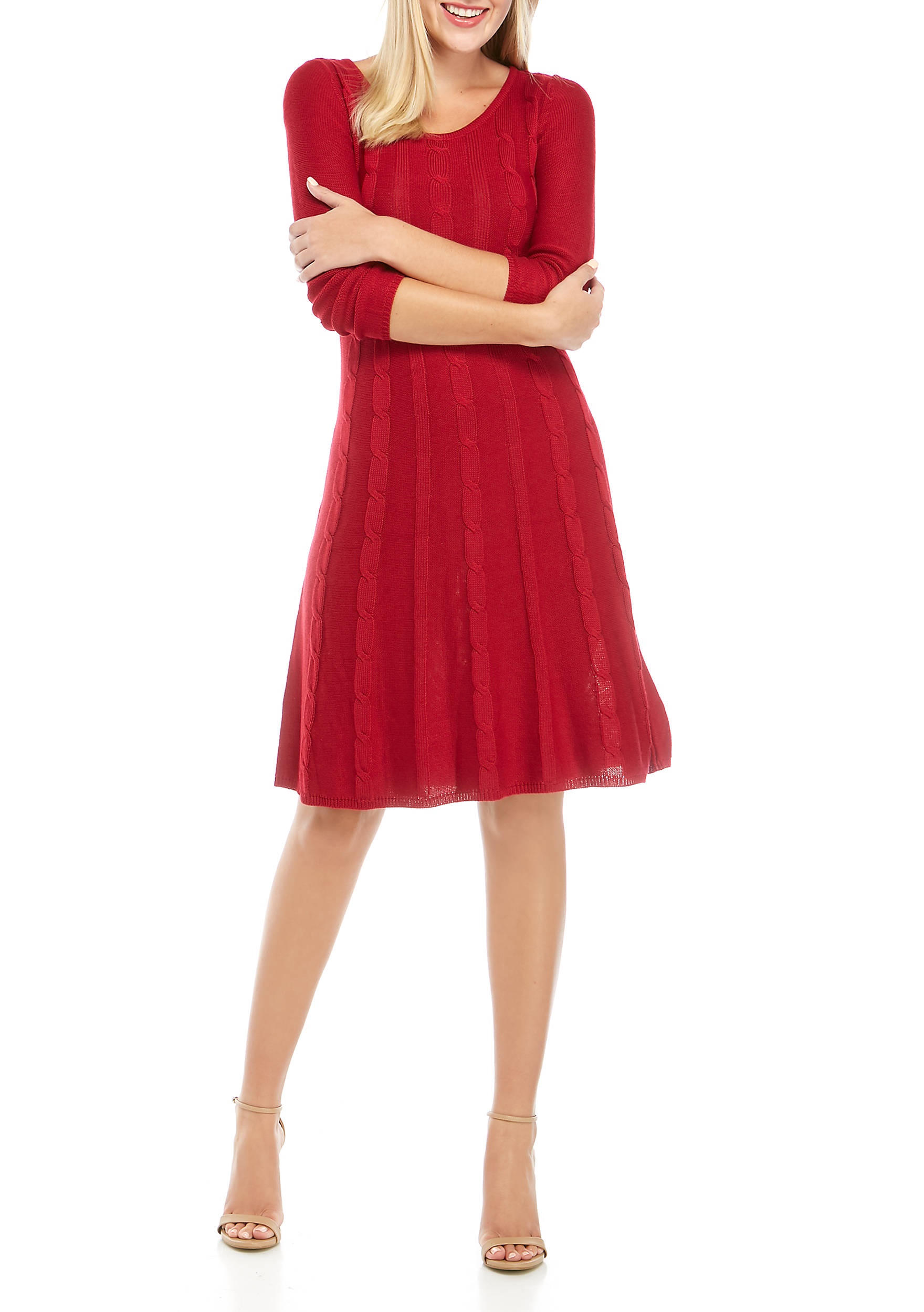 Nine West Women's V-Neck Fit & Flare Cable Knit Dress Red Size Small 716357893393 | eBay