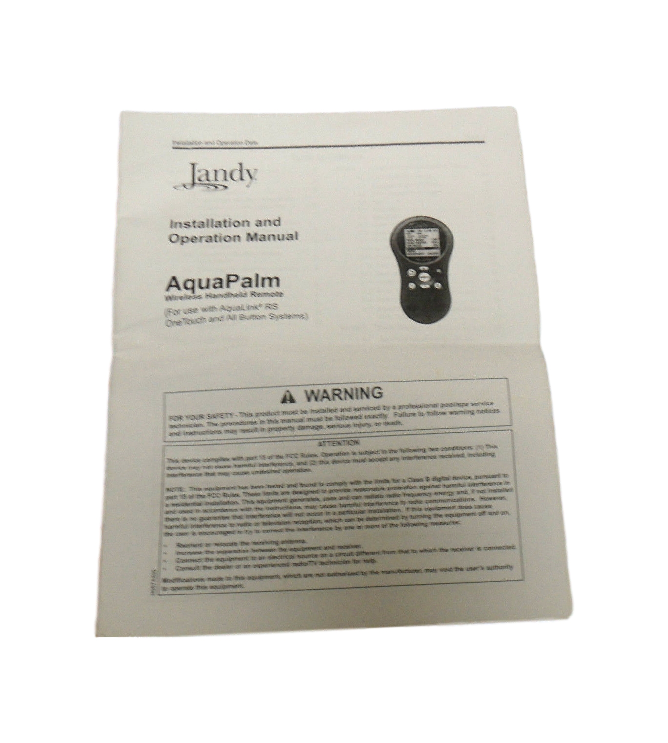 Jandy Aqualink RS AquaPalm Wireless Remote Installation & Operation