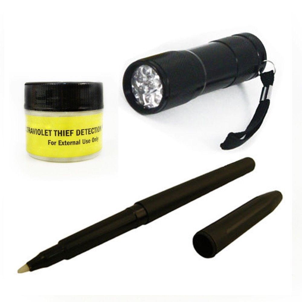 UV Invisible Ink Pen + 9 LED UV Flashlight + UV Theft Detection Powder