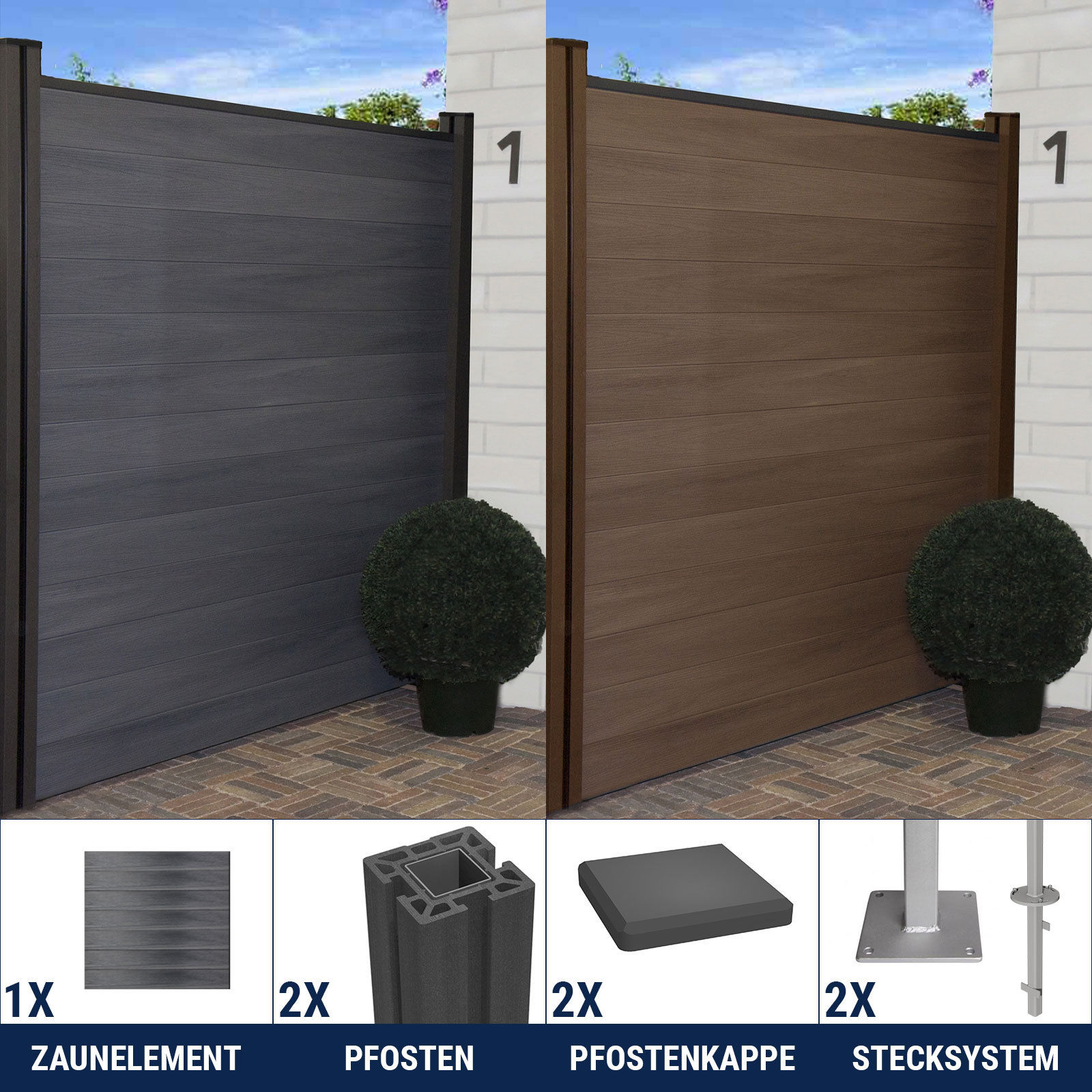 GroJa WPC Zaun Sichtschutz Gartenzaun Windschutzzaun Terrasse Grau 180