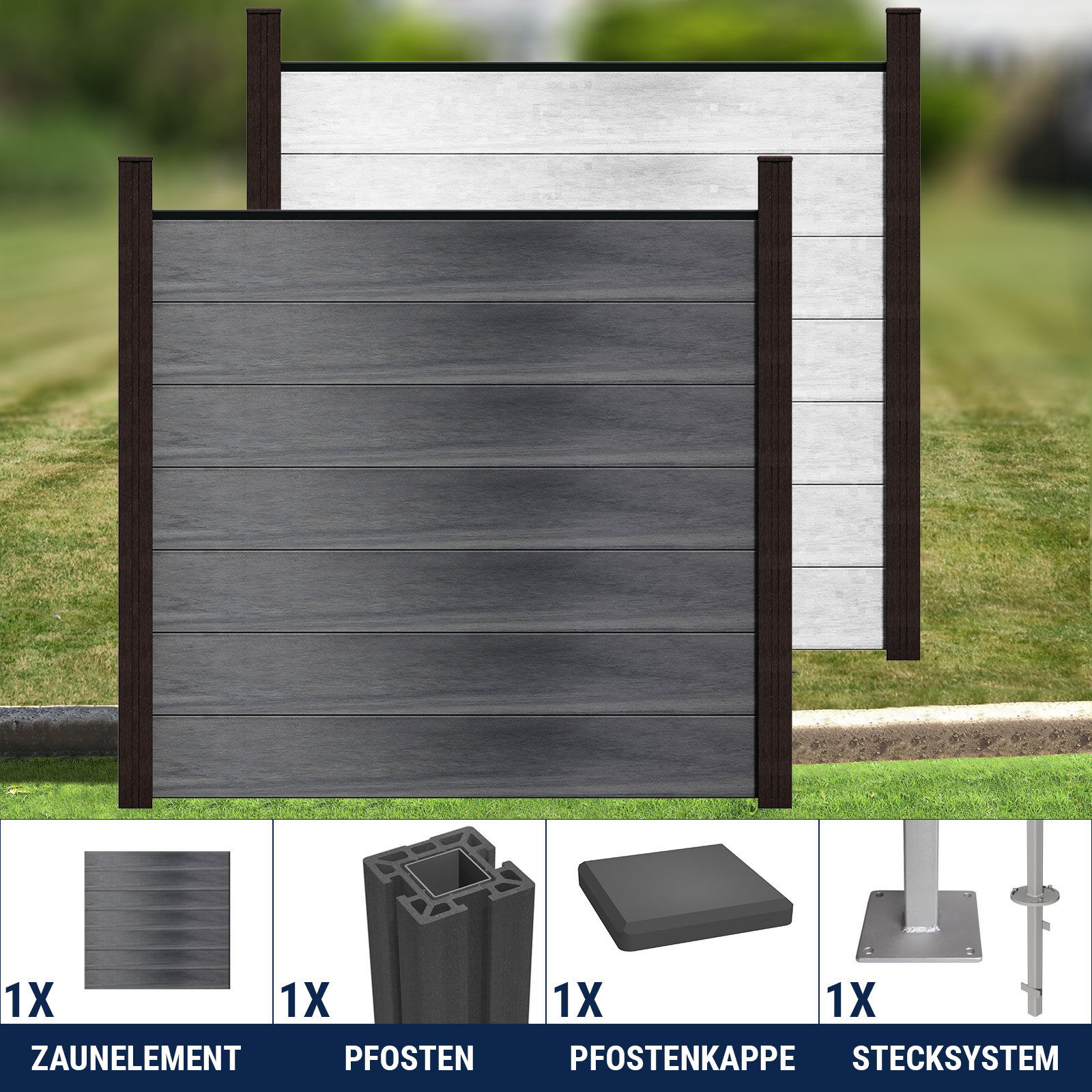 GroJa WPC Zaun Sichtschutz Gartenzaun Windschutzzaun Terrasse Grau 180