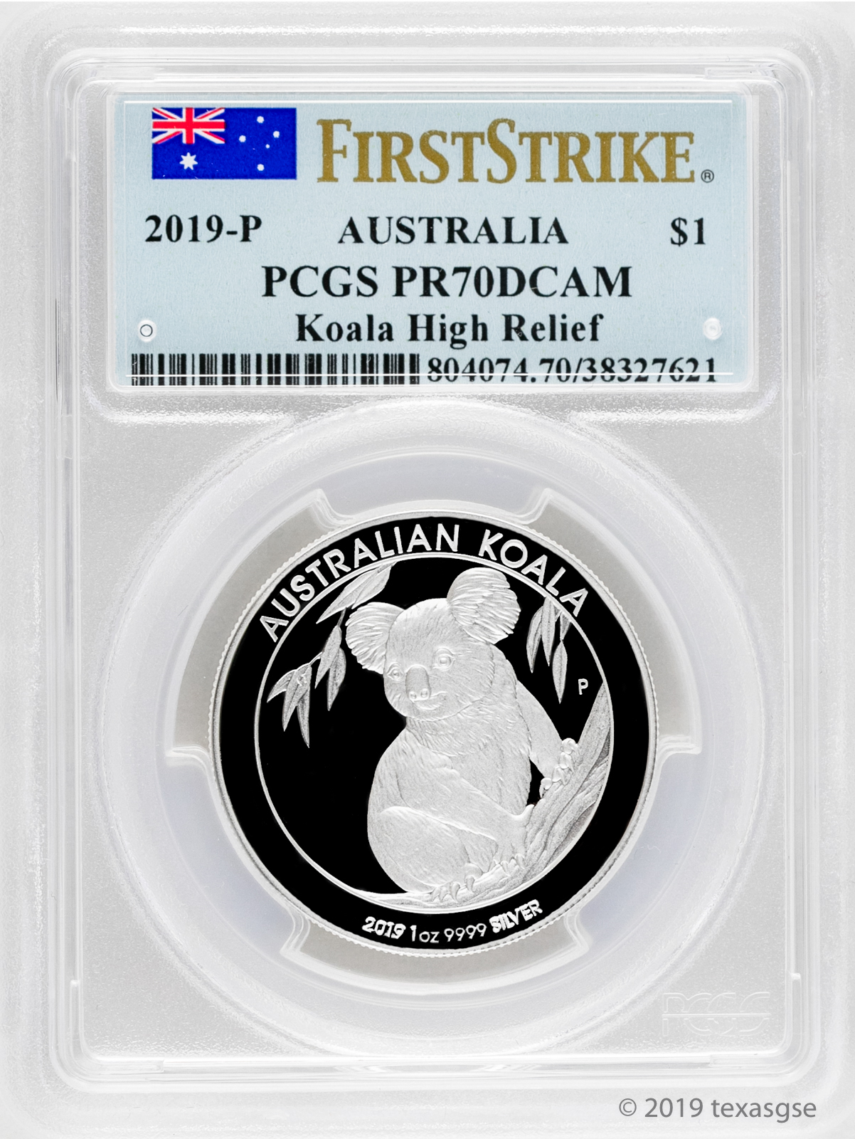 2019-P Australia 1oz Silver $1 Koala PCGS MS70 First Strike Flag