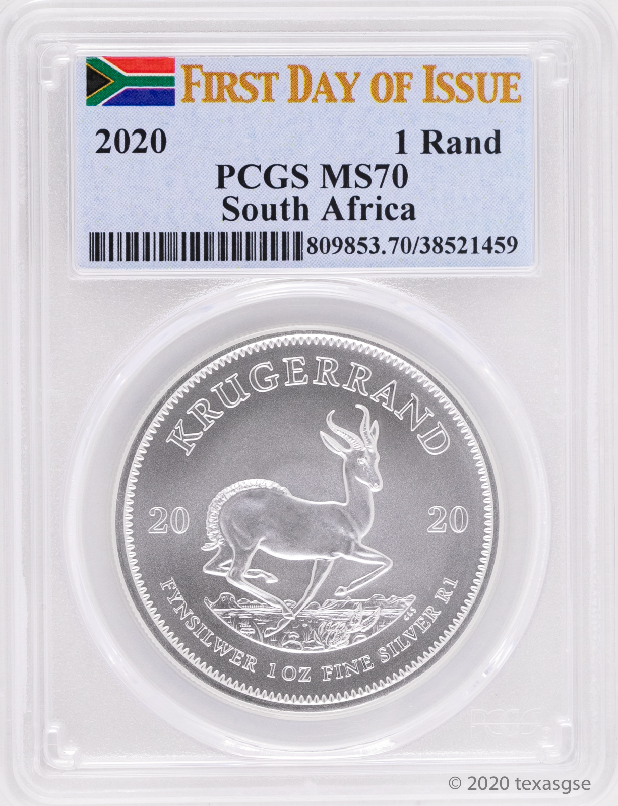 2018 S Africa 1 oz Silver KrugerrandPCGS MS70FDOI StrikeBlue Label