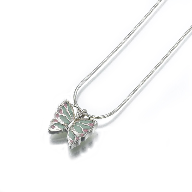 Image of Enamel Butterfly Cremation Necklace, Sterling Silver Jewelry with Pink and Teal Enamel White