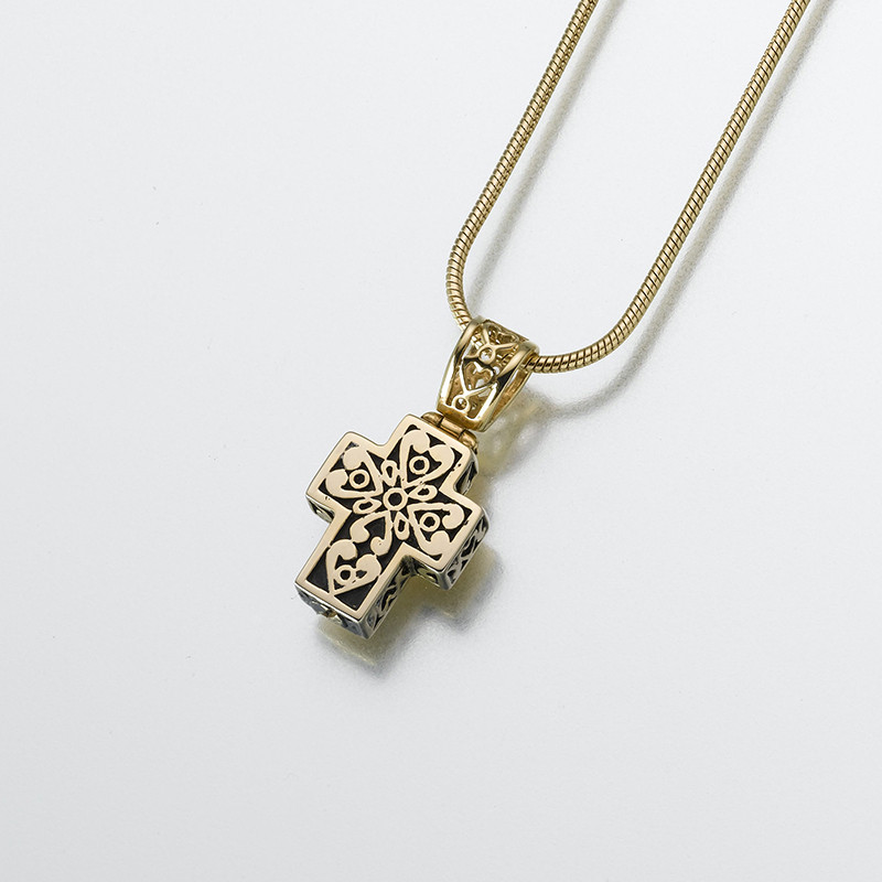 Image of 14K Gold Filigree Cross Cremation Pendant, Jewelry Yellow